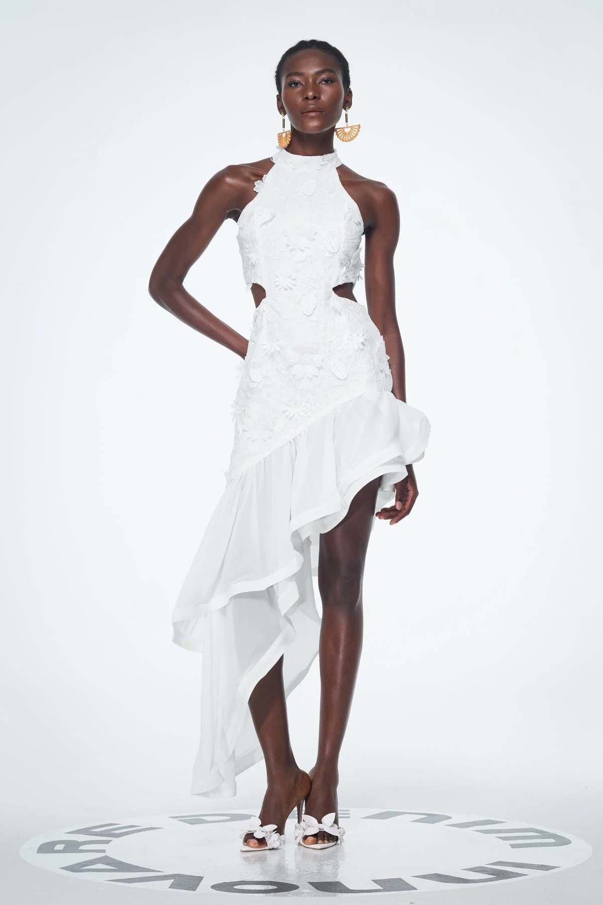 White Cutout Flower Asymmetric Mini Dress