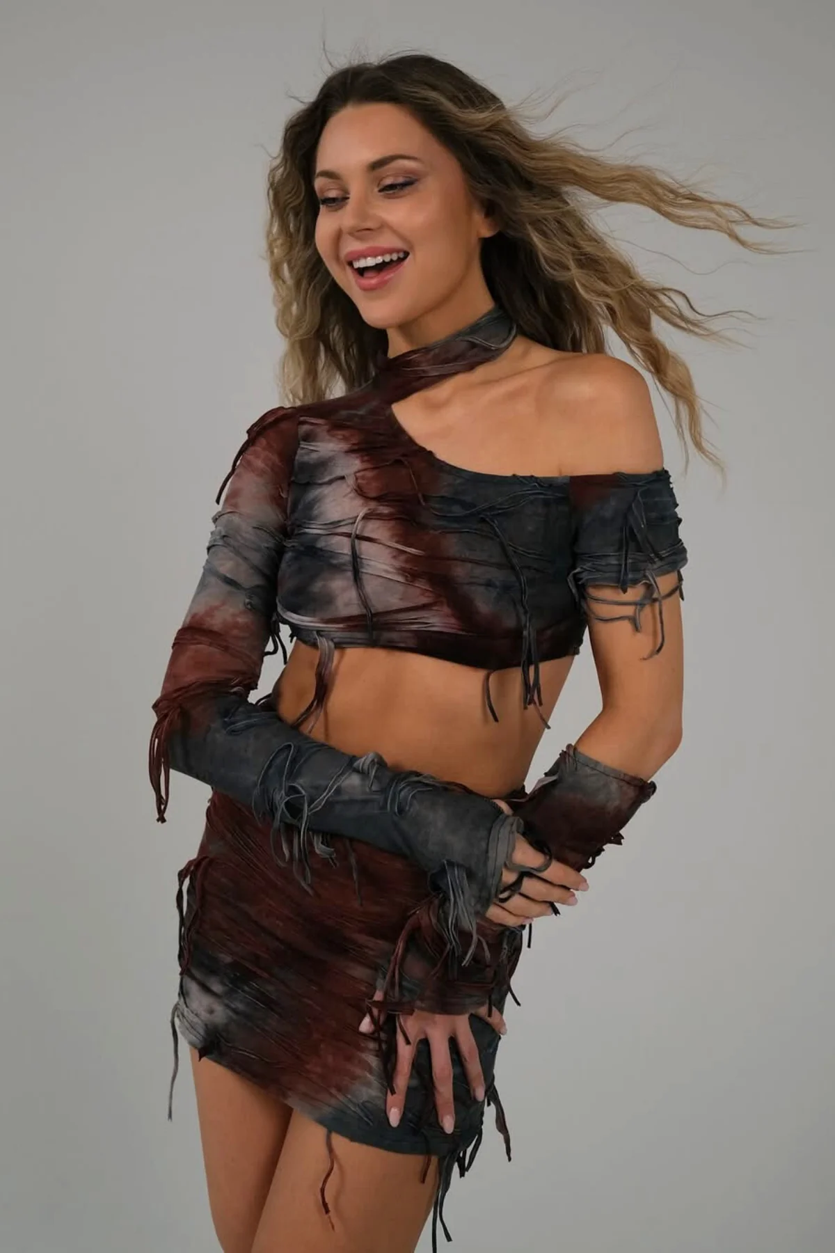 Tie Dye Fringe Asymmetric Skirt Set