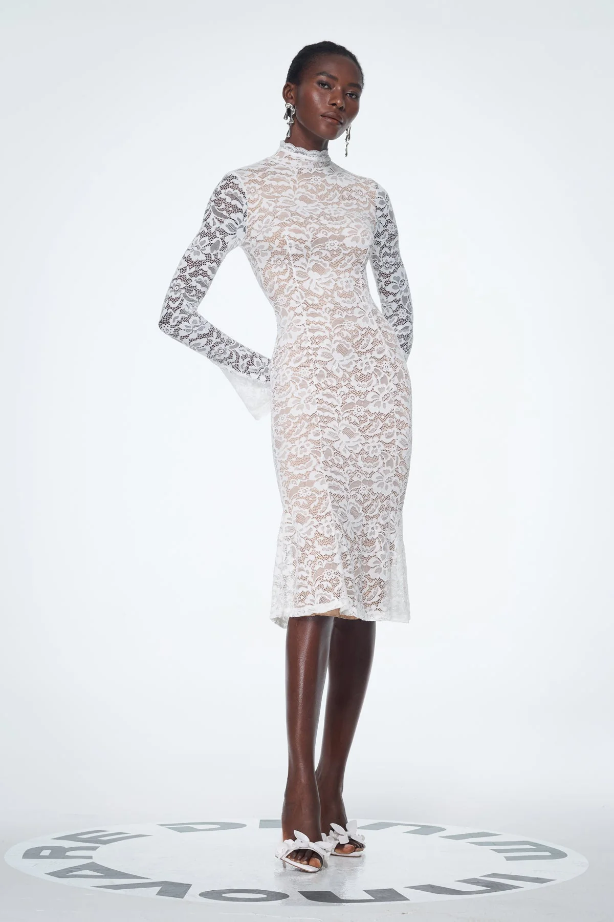 White Lace Floral Bodycon Midi Dress