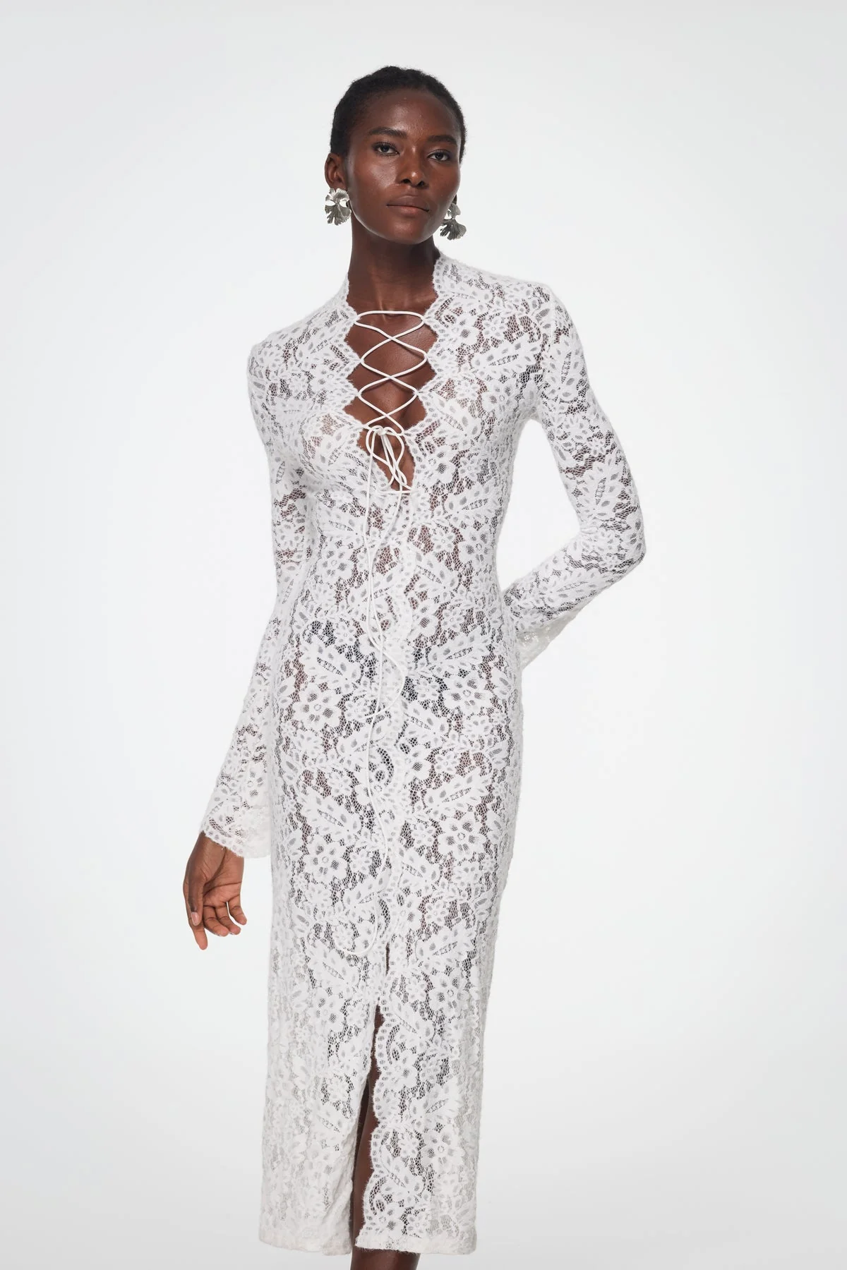 White Lace Split Maxi Dress - Elegant Plunge Design