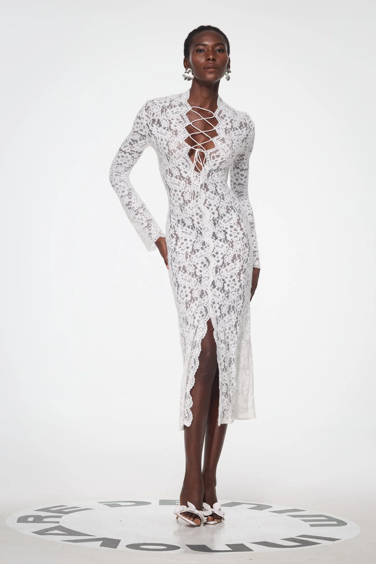 White Lace Split Maxi Dress - Elegant Plunge Design