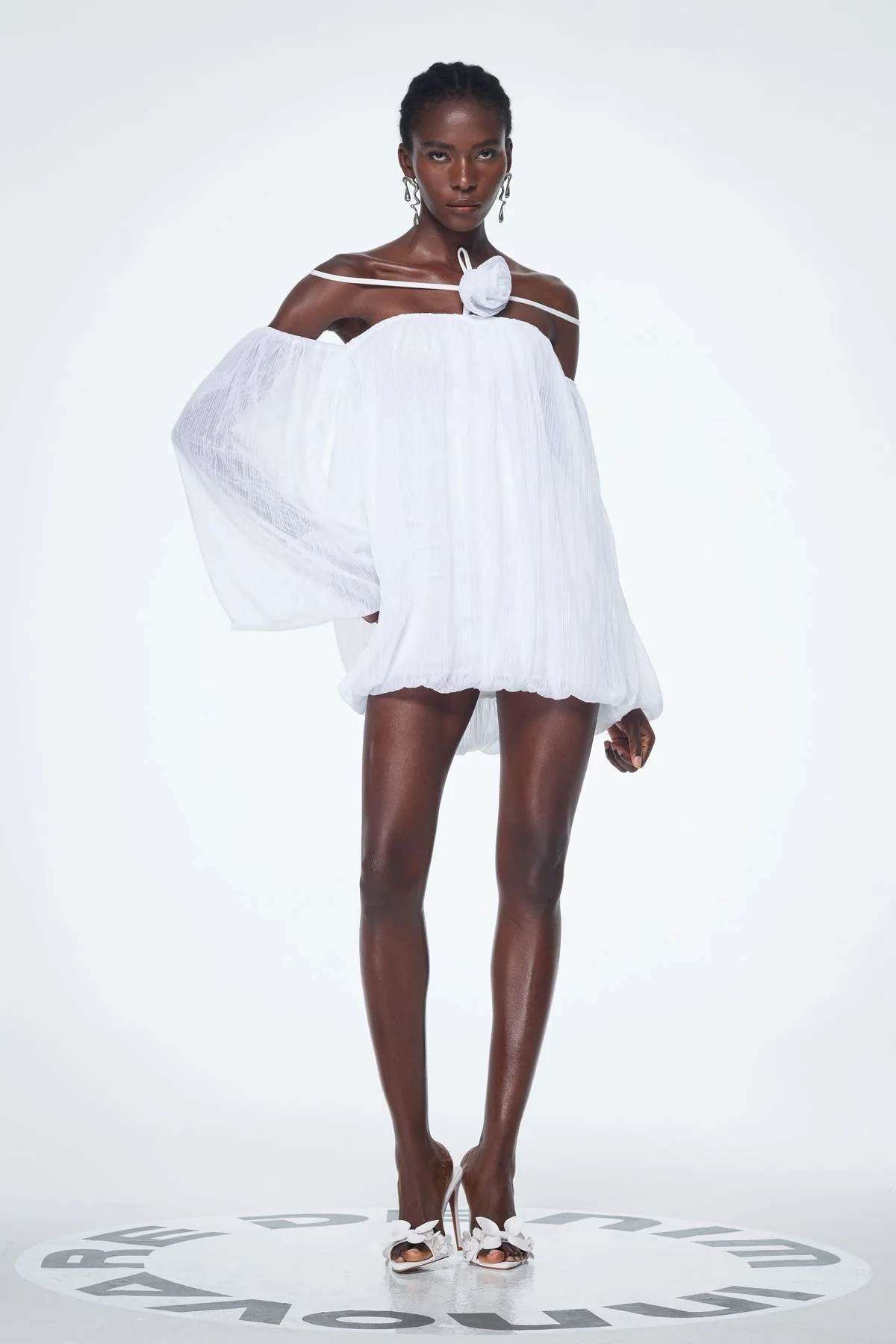 White Mesh Balloon Sleeve Mini Dress