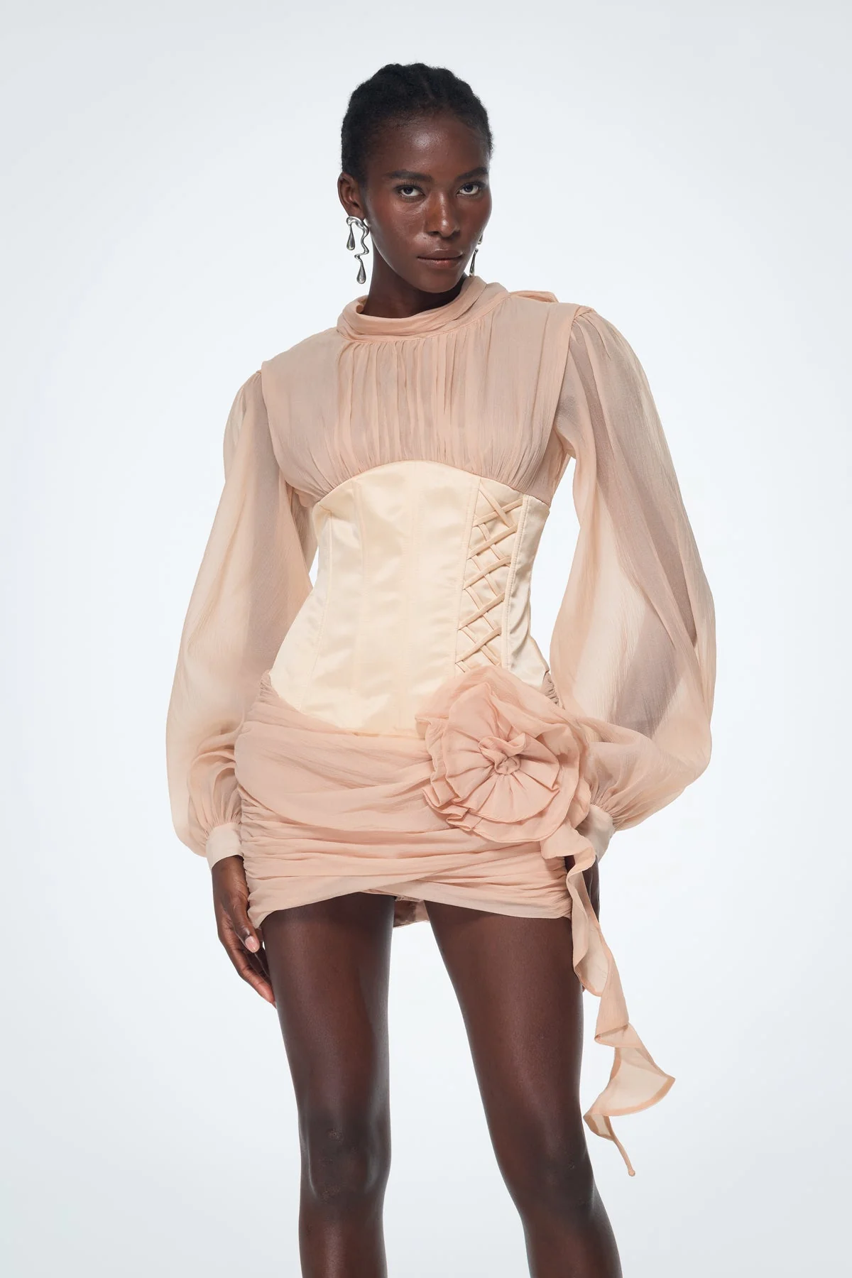 Floral Mesh Corset Ruched Mini Dress - Elegant Pink Stylish Design