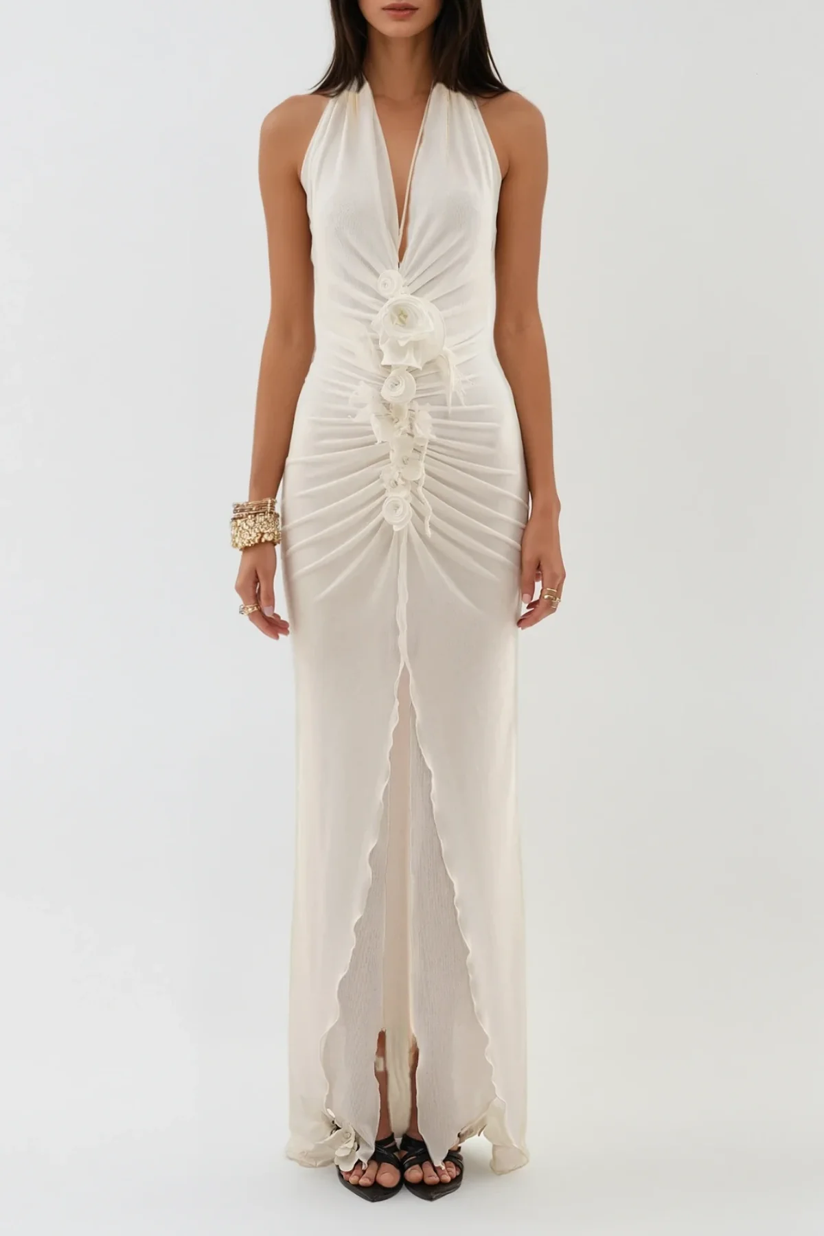 White Halter Neck Floral Maxi Dress - Chic Summer Fashion