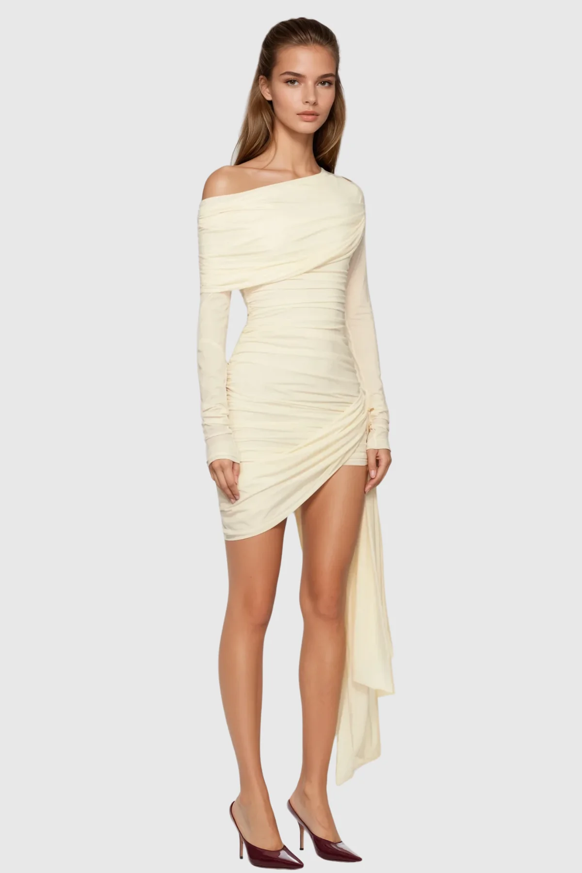 Beige Fringe One Shoulder Mini Dress