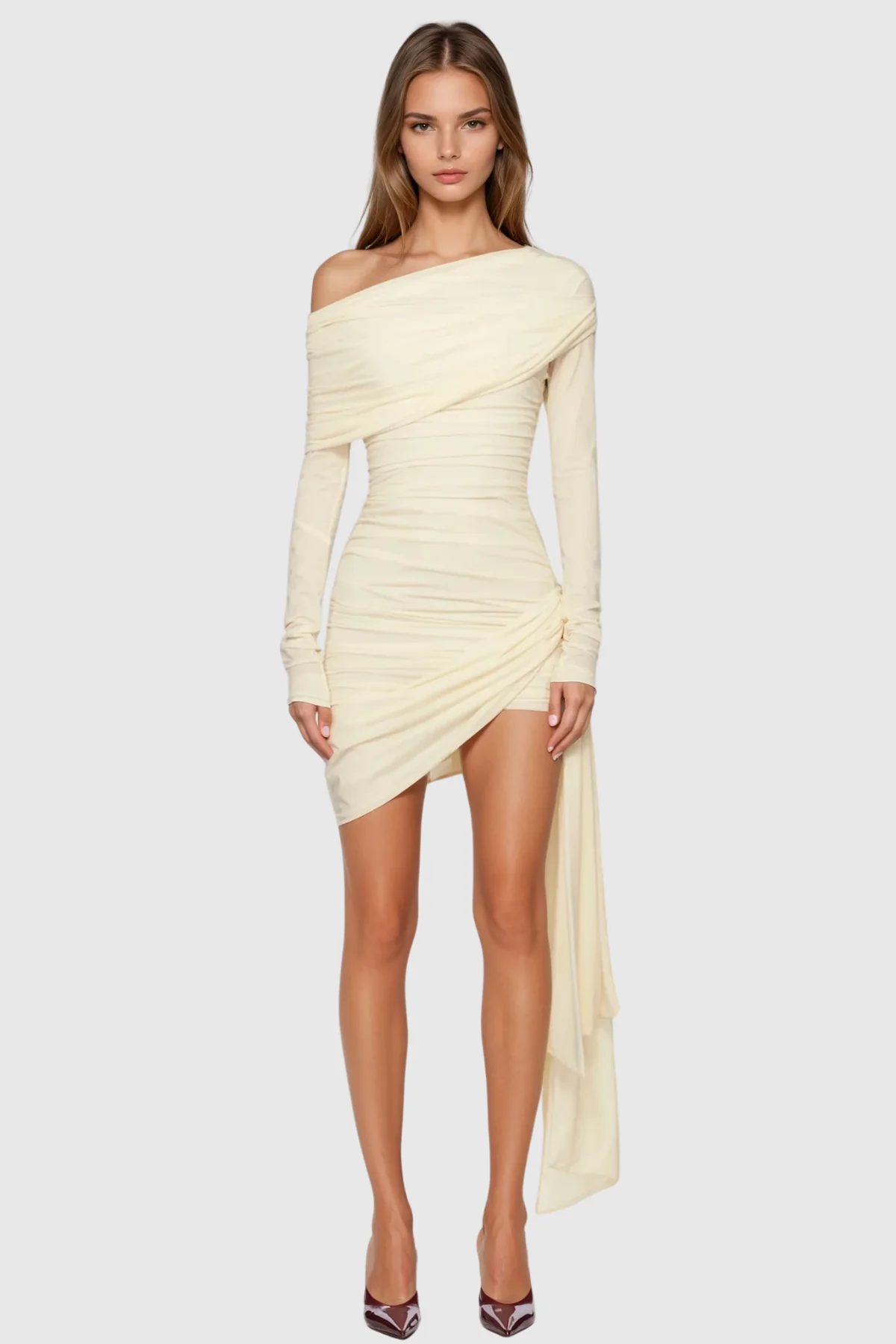 Beige Fringe One Shoulder Mini Dress