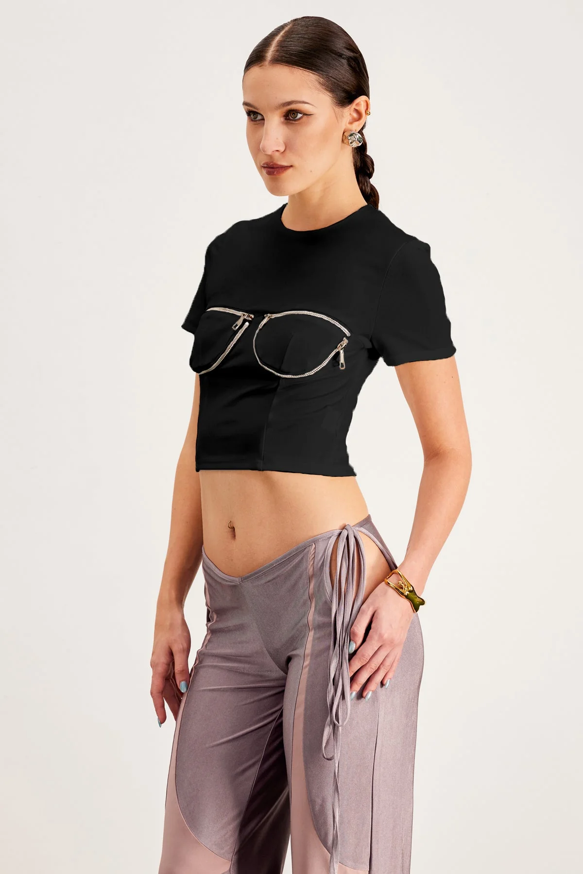 Black Zipper Bodycon T-Shirt for Women