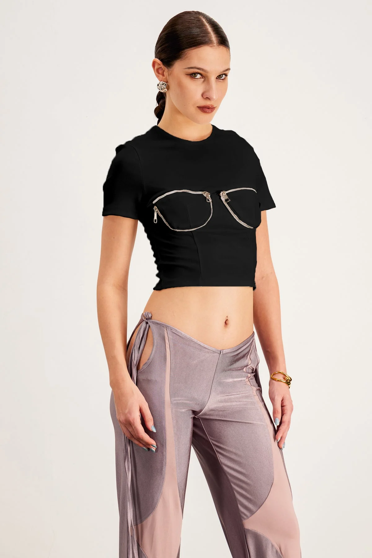 Black Zipper Bodycon T-Shirt for Women