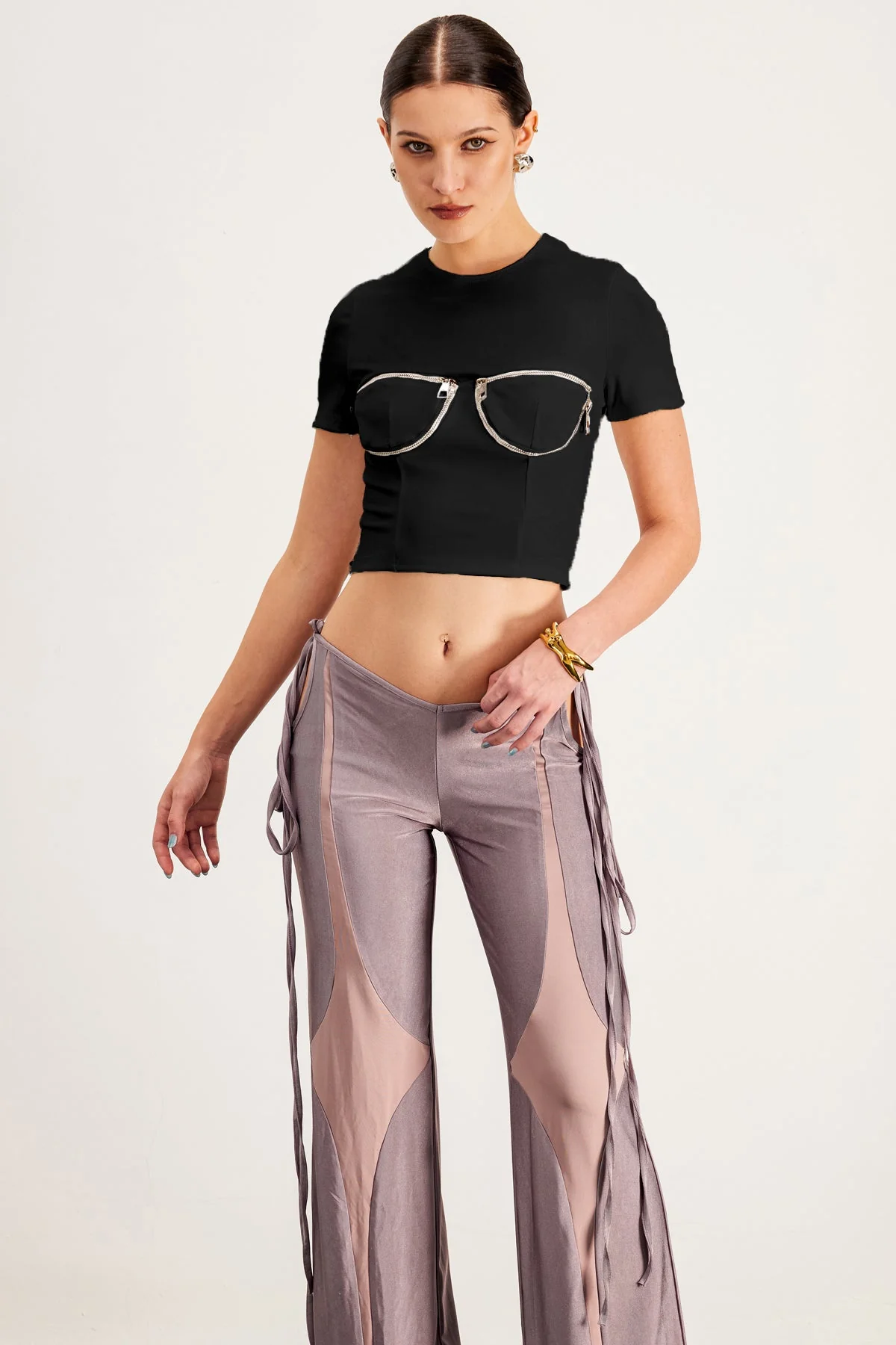 Black Zipper Bodycon T-Shirt for Women