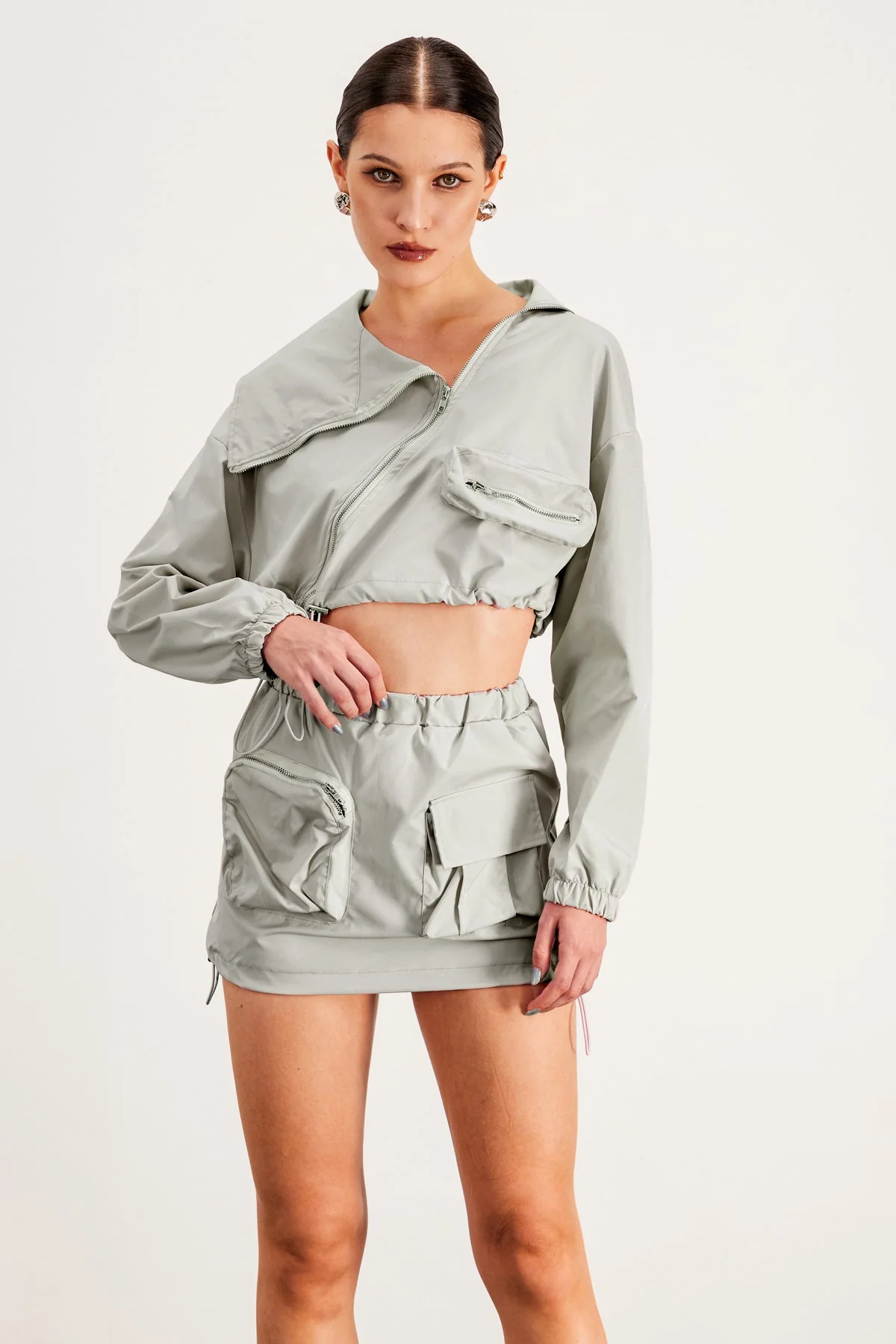Khaki Deconstruct Asymmetric Pocket Skirt Set - Chic Urban Style