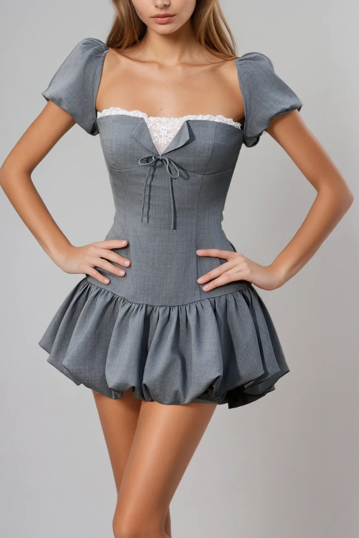 Grey Ruffle Mini Dress - Romantic Coquette Style