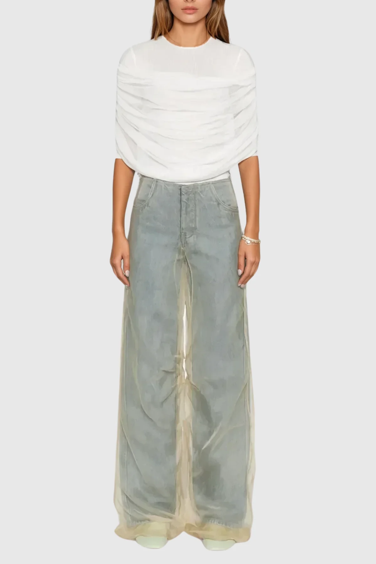 White Mesh Ruched Tops - Modern & Stylish