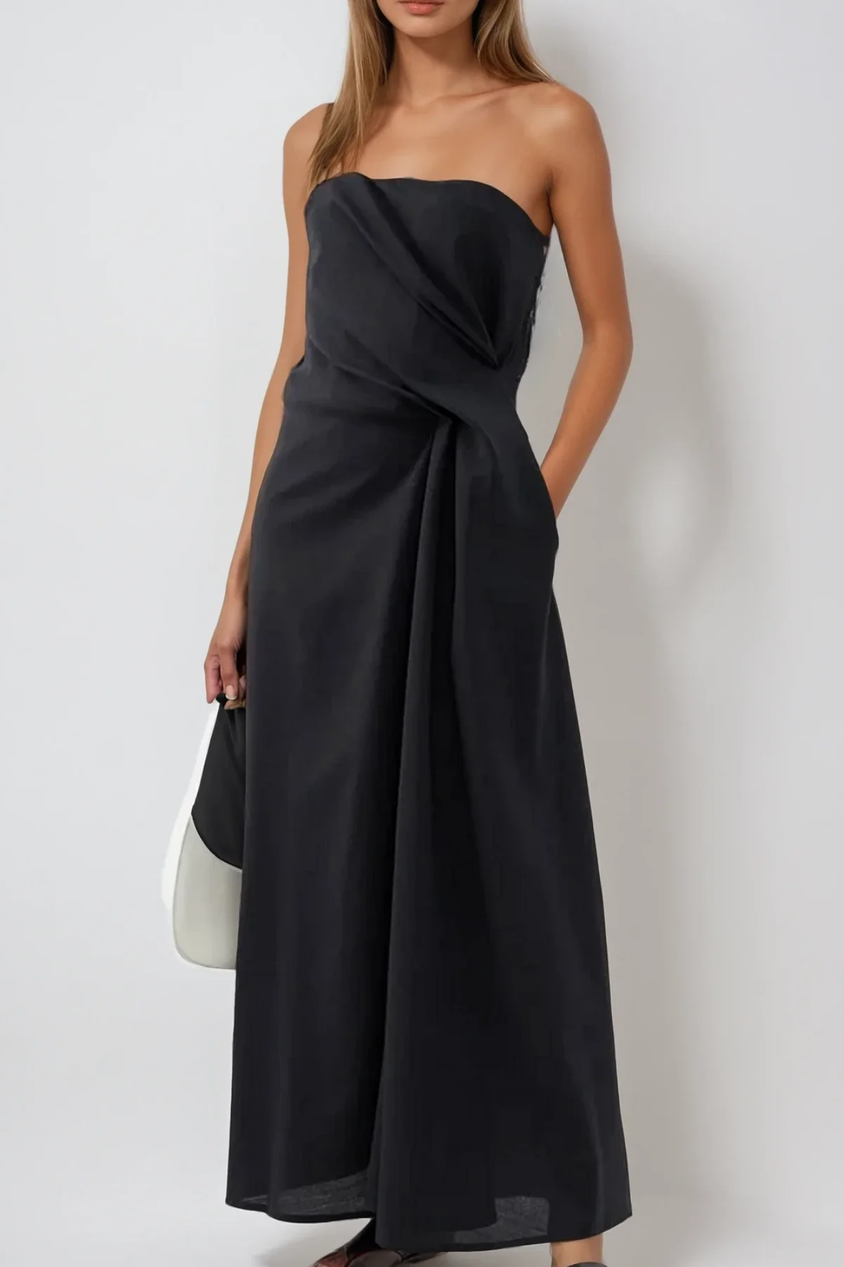 Strapless Asymmetric Maxi Dress in Black | Elegant Chic Style