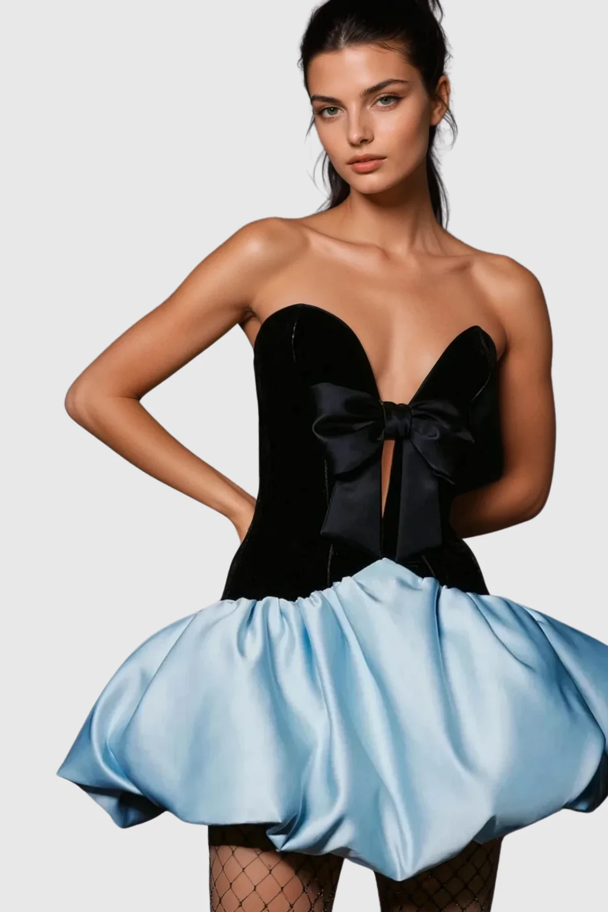 Strapless Satin Puffy Mini Dress with Bow Detail