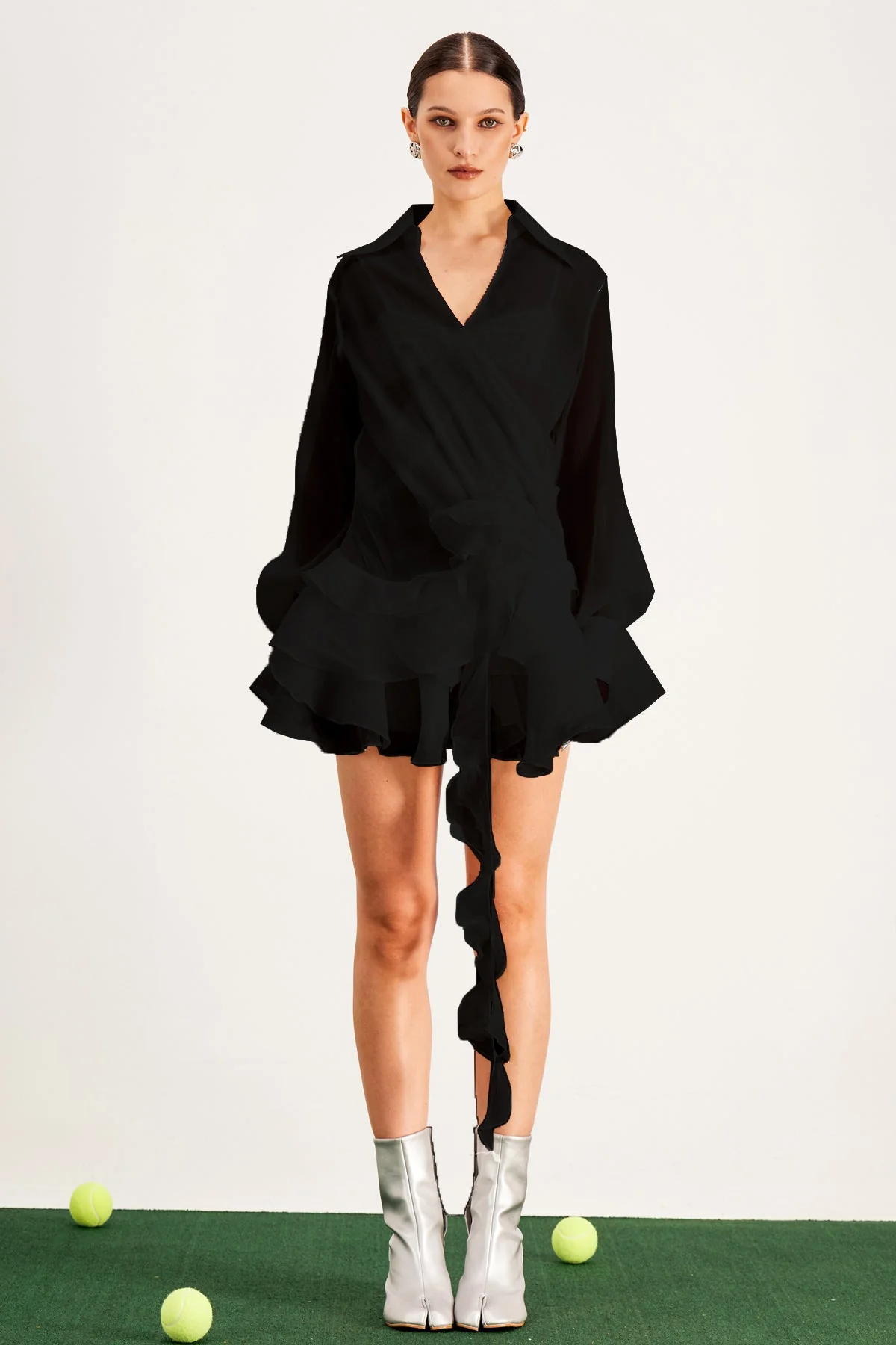 Black Ruffle Flower Mini Dress - Elegant and Versatile Style