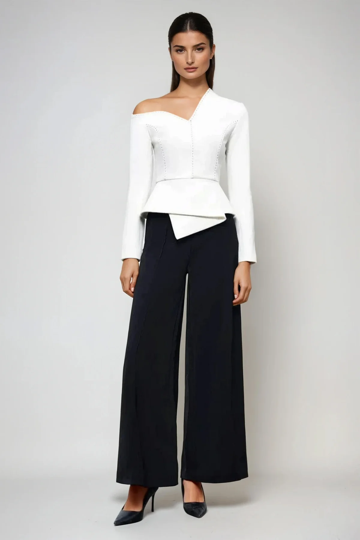 White Asymmetric Long Sleeve Pants Set