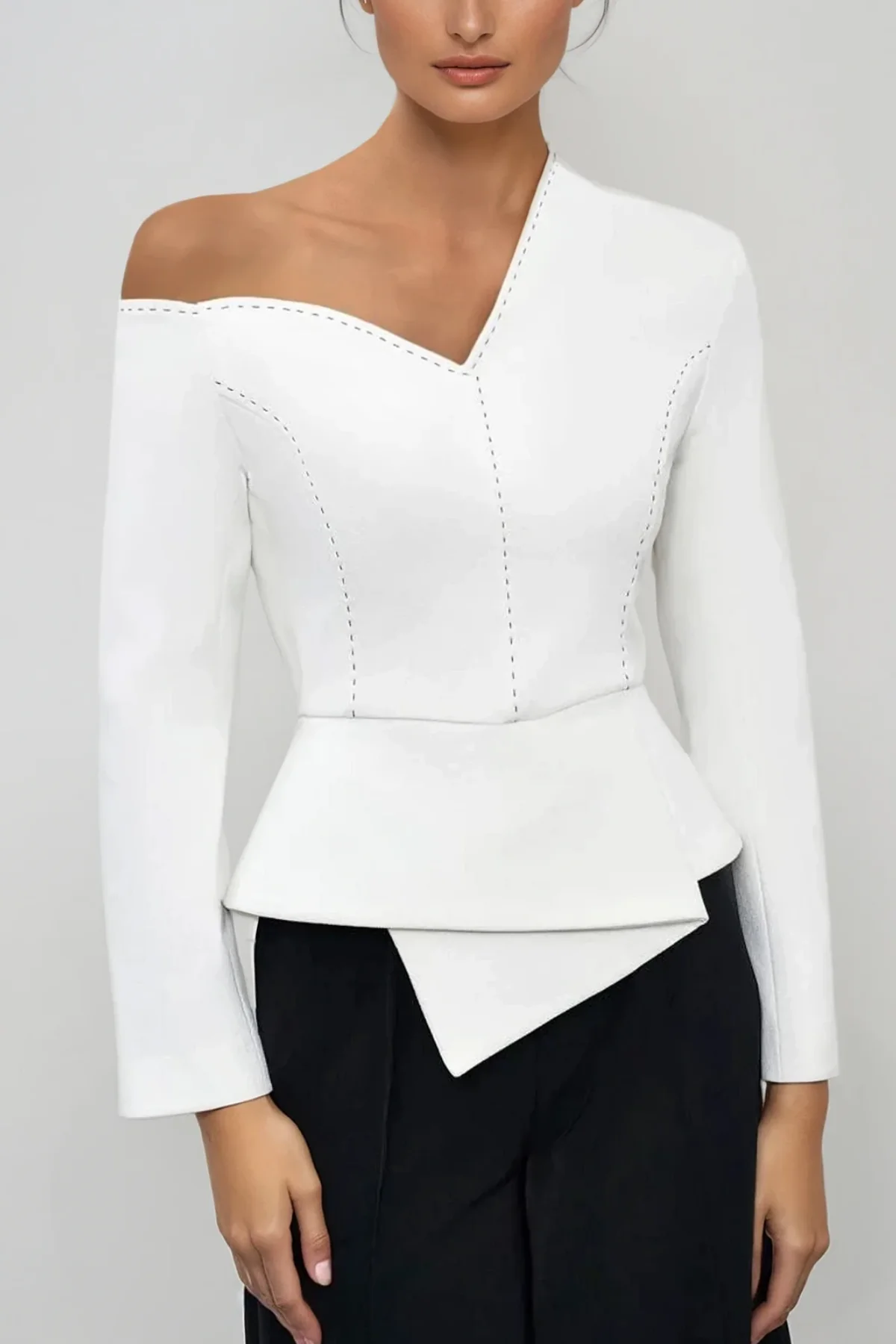 White Asymmetric Long Sleeve Pants Set