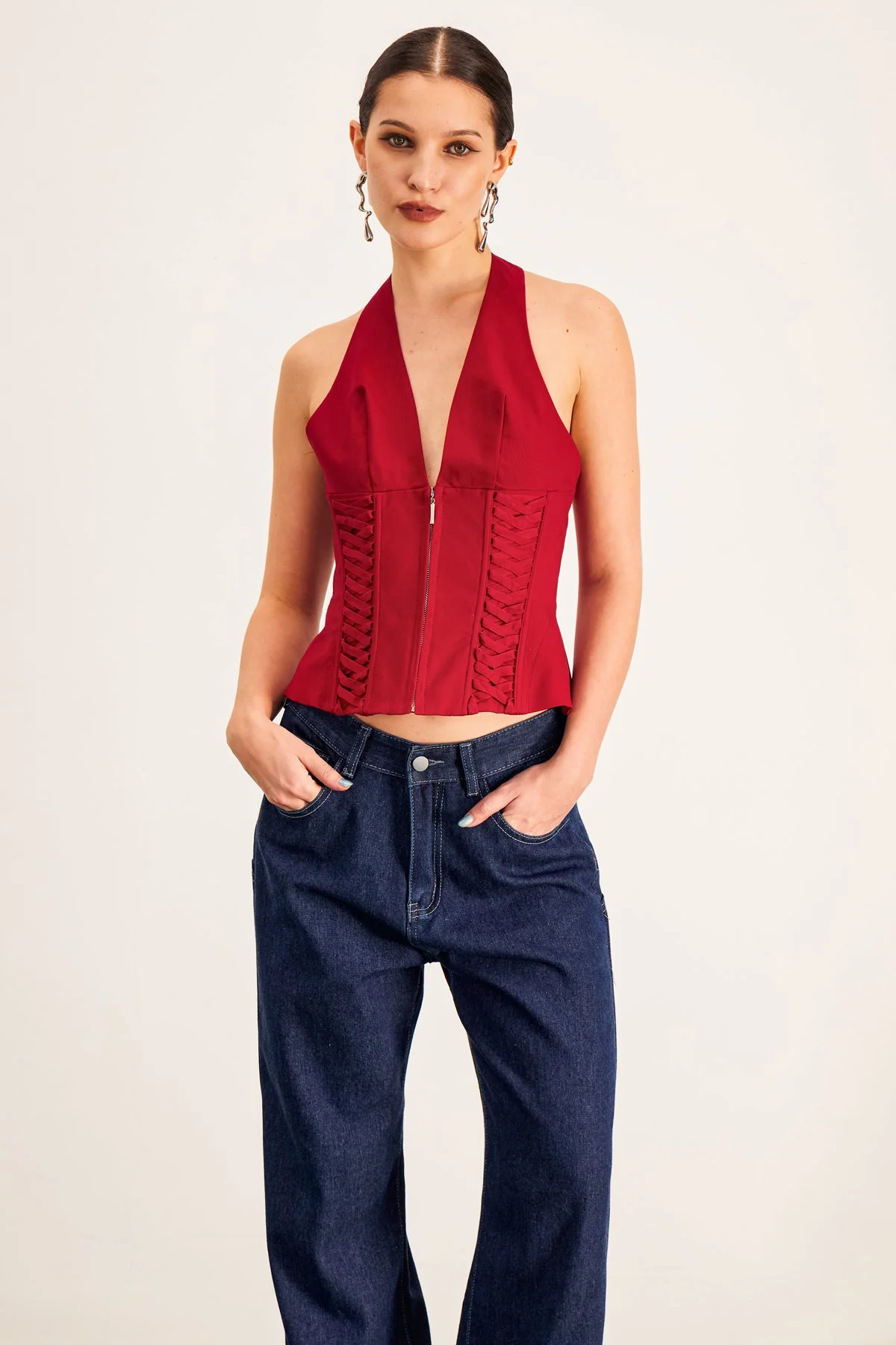 Red Lace Up Halter Neck Corset Top