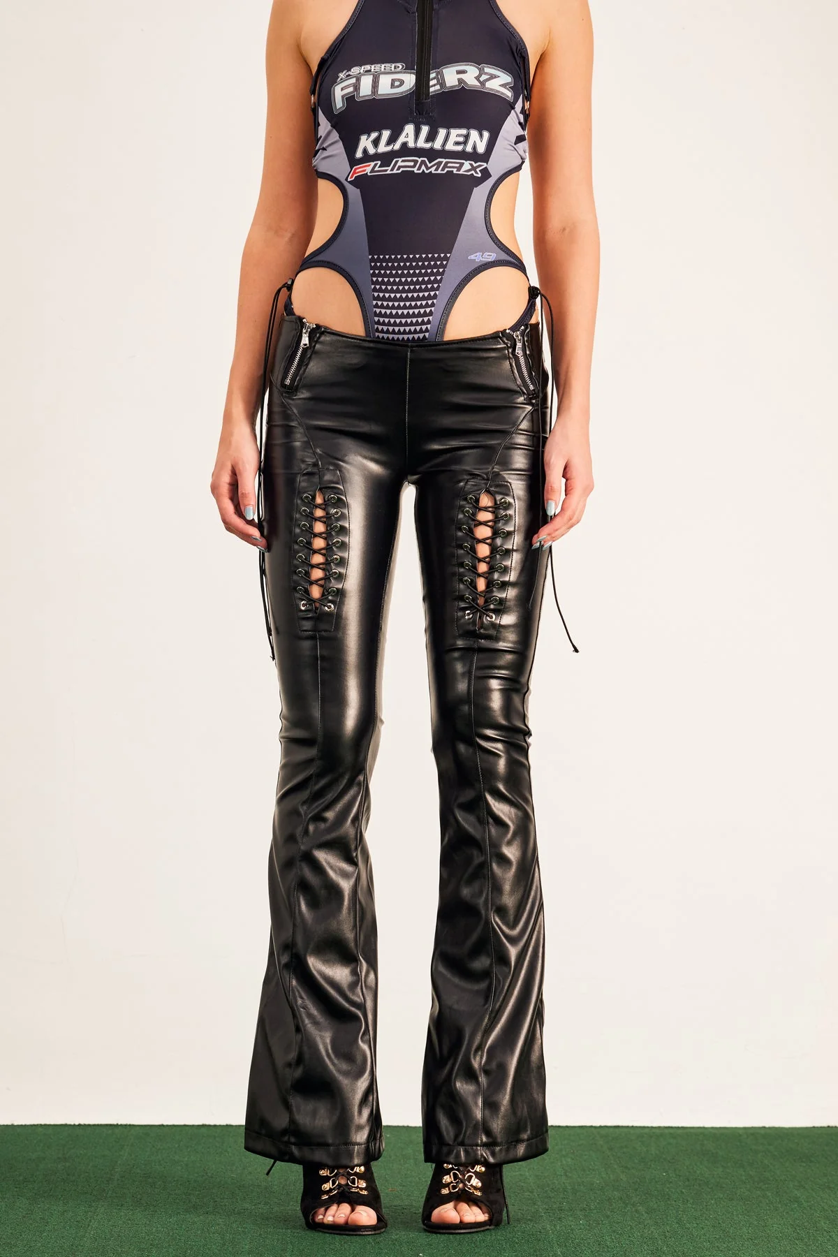 Black Leather Lace-Up Bootcut Pants