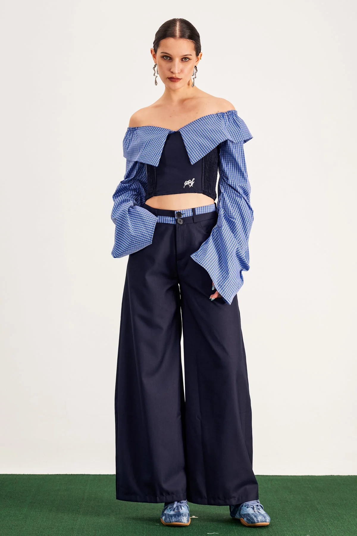 Chic Grid Off Shoulder Pants Set Blue Womens Urban Edge Style