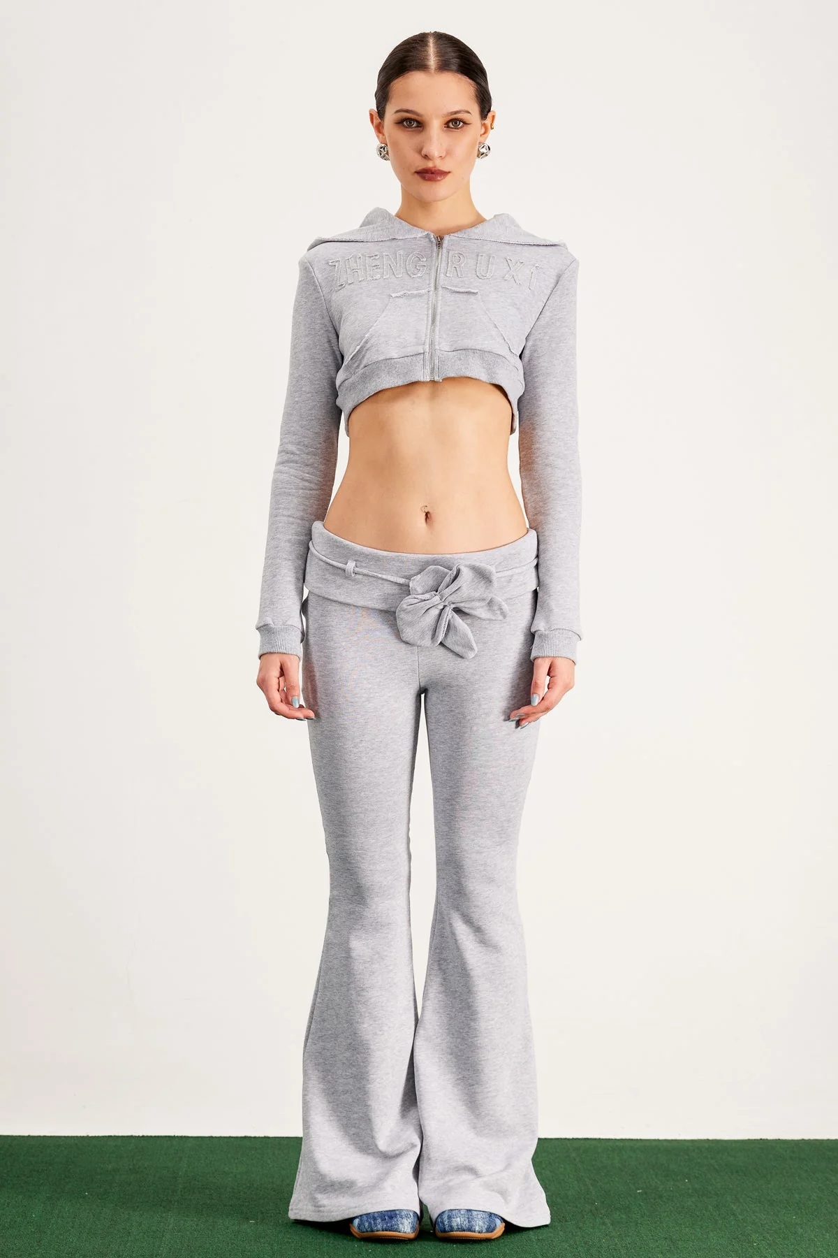 Grey Hooded Crop Bootcut Pants Set - Comfort & Style