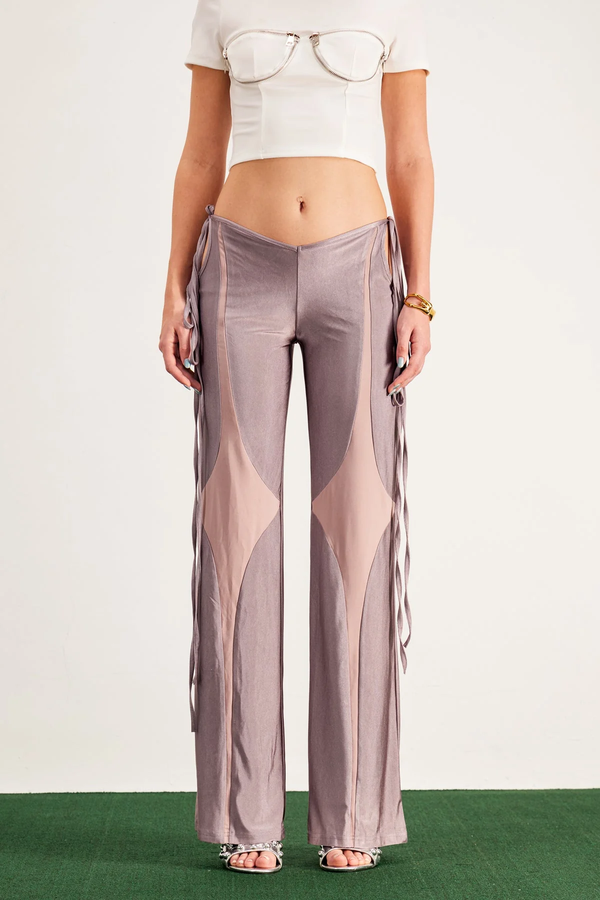 Purple Satin Deconstructed Pants - High Stretch Comfort Fit