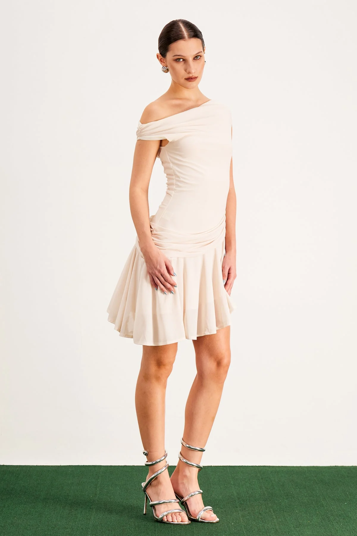 Chic Apricot Asymmetric Mini Dress with Single Shoulder - Clearance