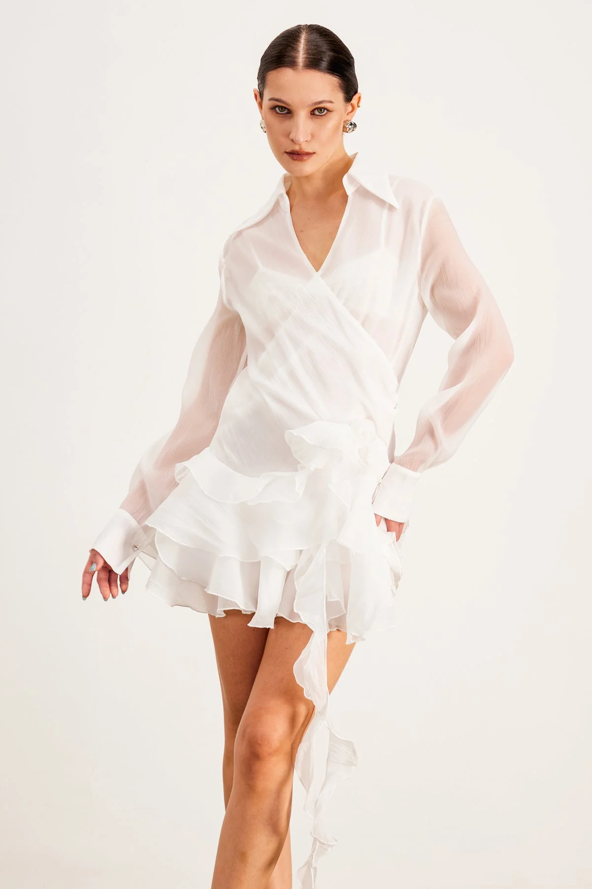 White Ruffle Flower Mini Dress - Elegant & Sophisticated