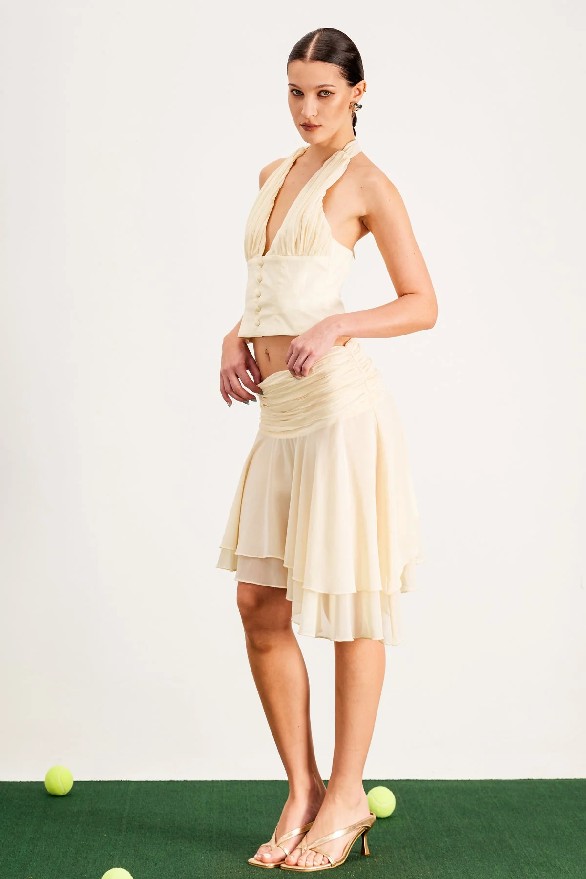 Beige Halter Neck Skirt Set with Ruched Details