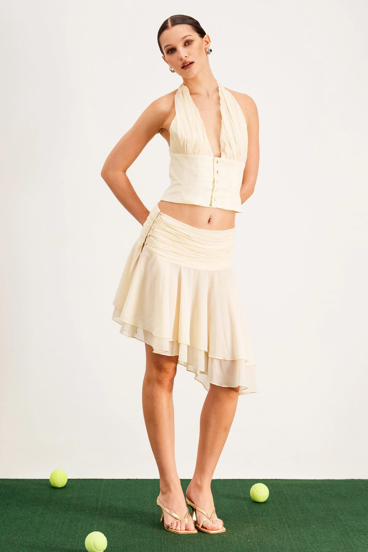 Beige Halter Neck Skirt Set with Ruched Details