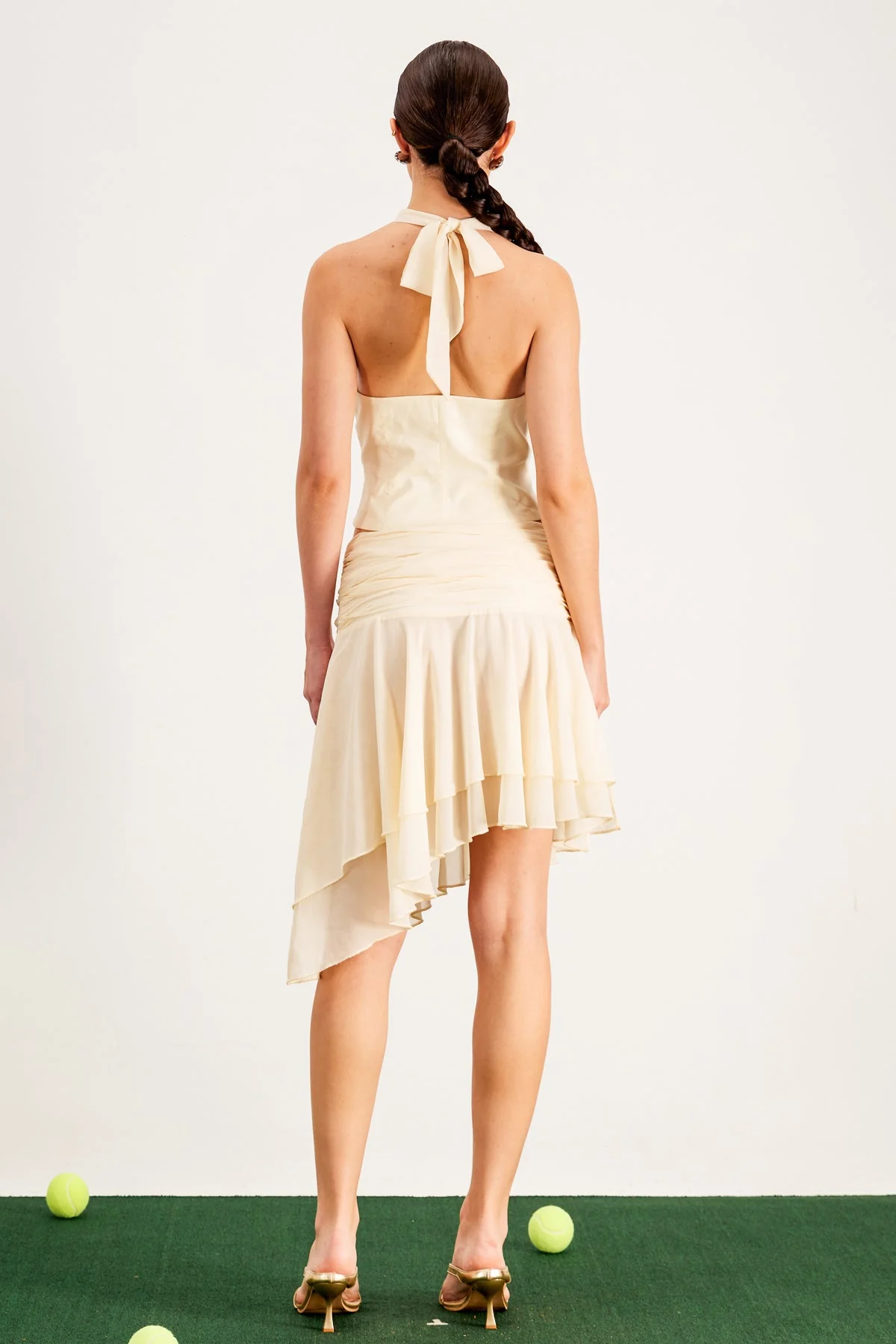 Beige Halter Neck Skirt Set with Ruched Details
