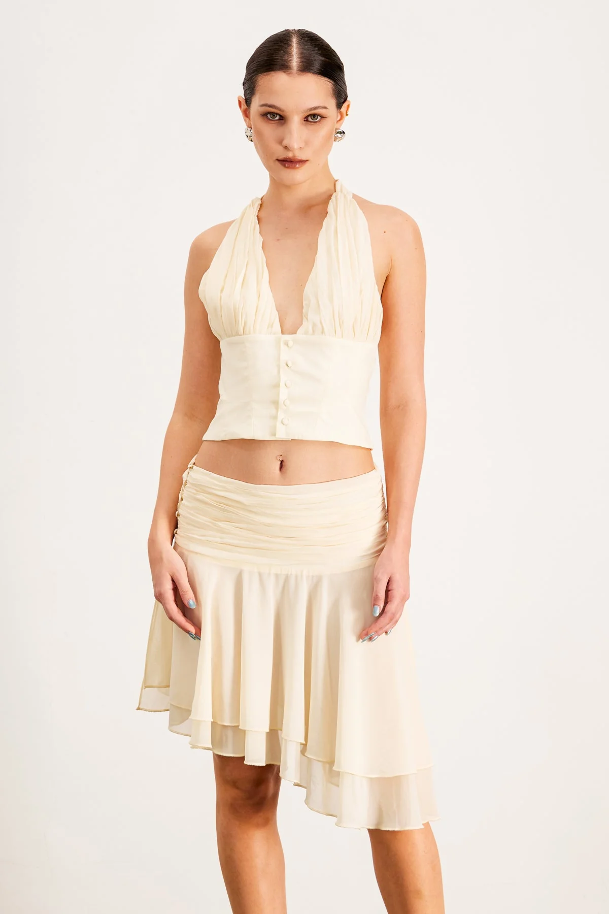 Beige Halter Neck Skirt Set with Ruched Details
