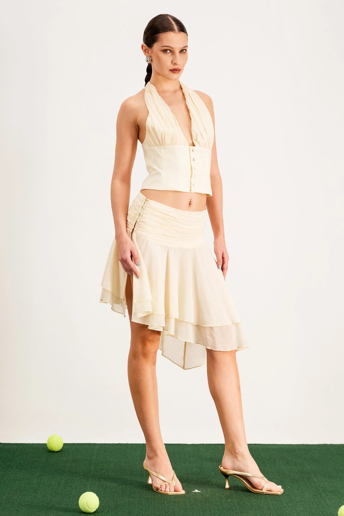Beige Halter Neck Skirt Set with Ruched Details