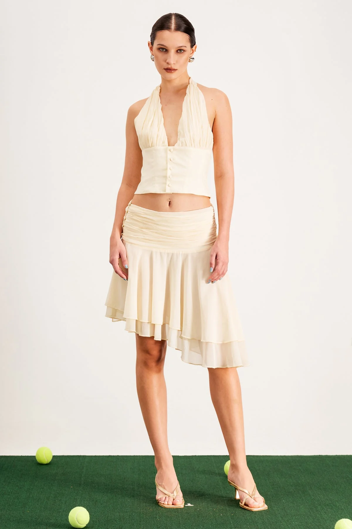 Beige Halter Neck Skirt Set with Ruched Details