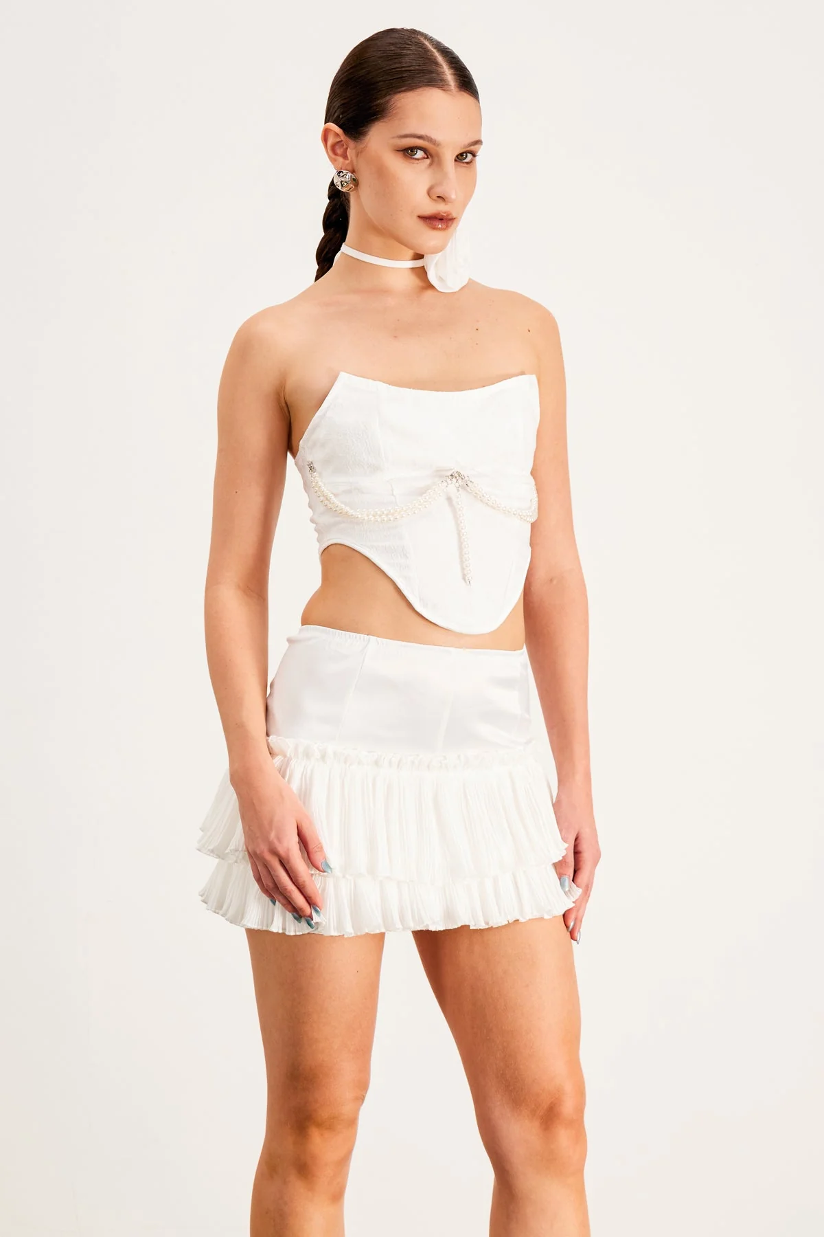 White Flower Embellished Corset Skirt Set