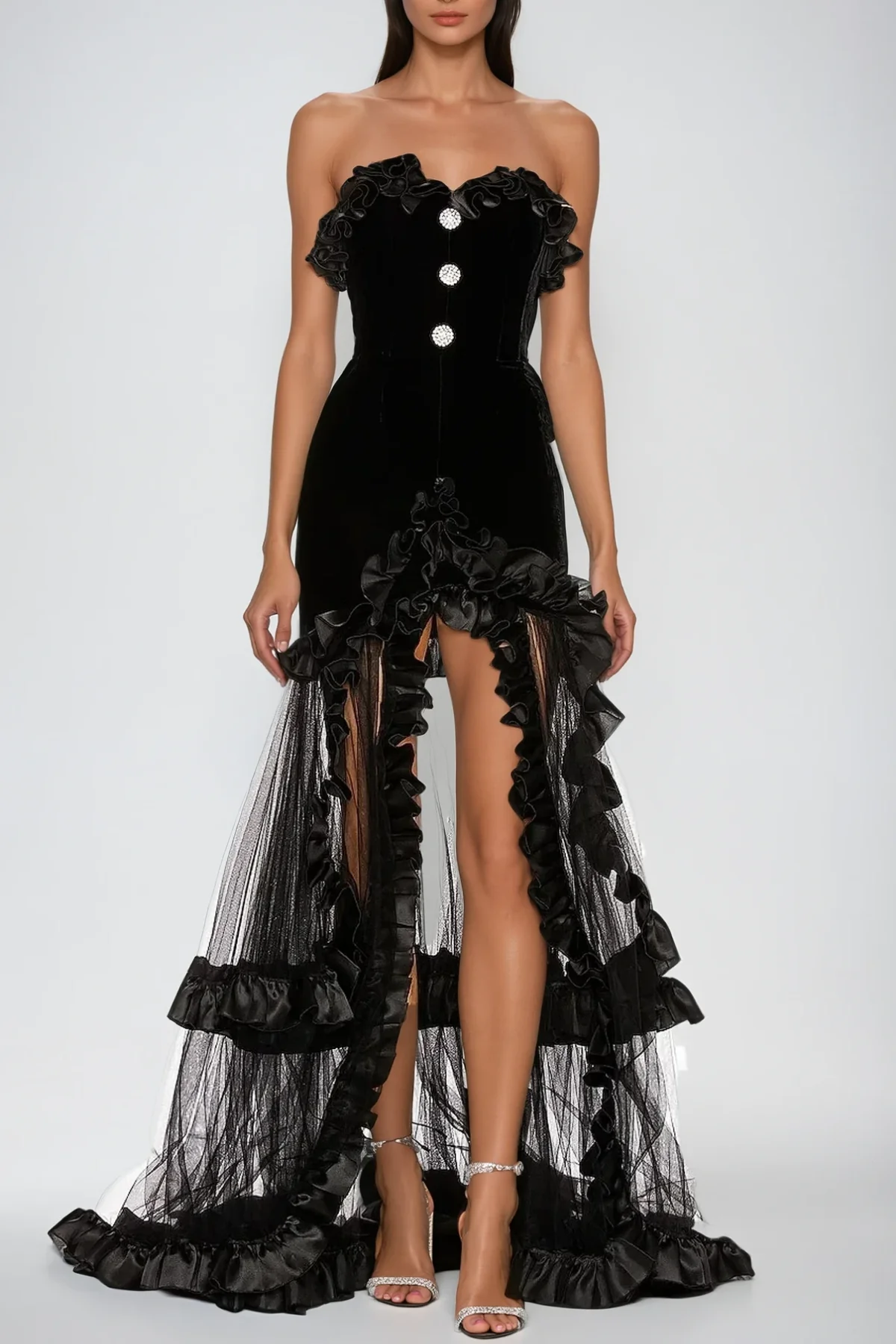 Elegant Strapless Mesh Maxi Dress