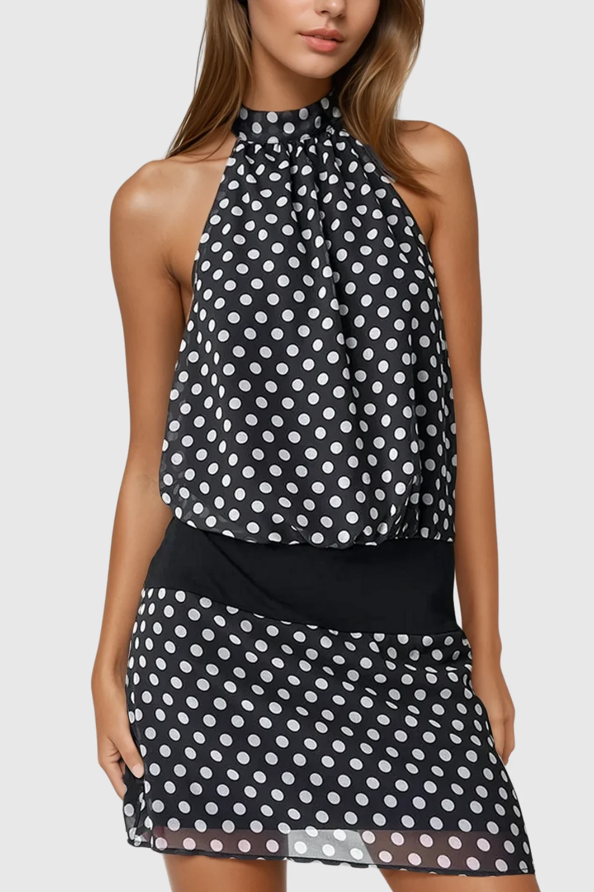 Black Halter Neck Dot Mini Dress - Chic Stylish Design