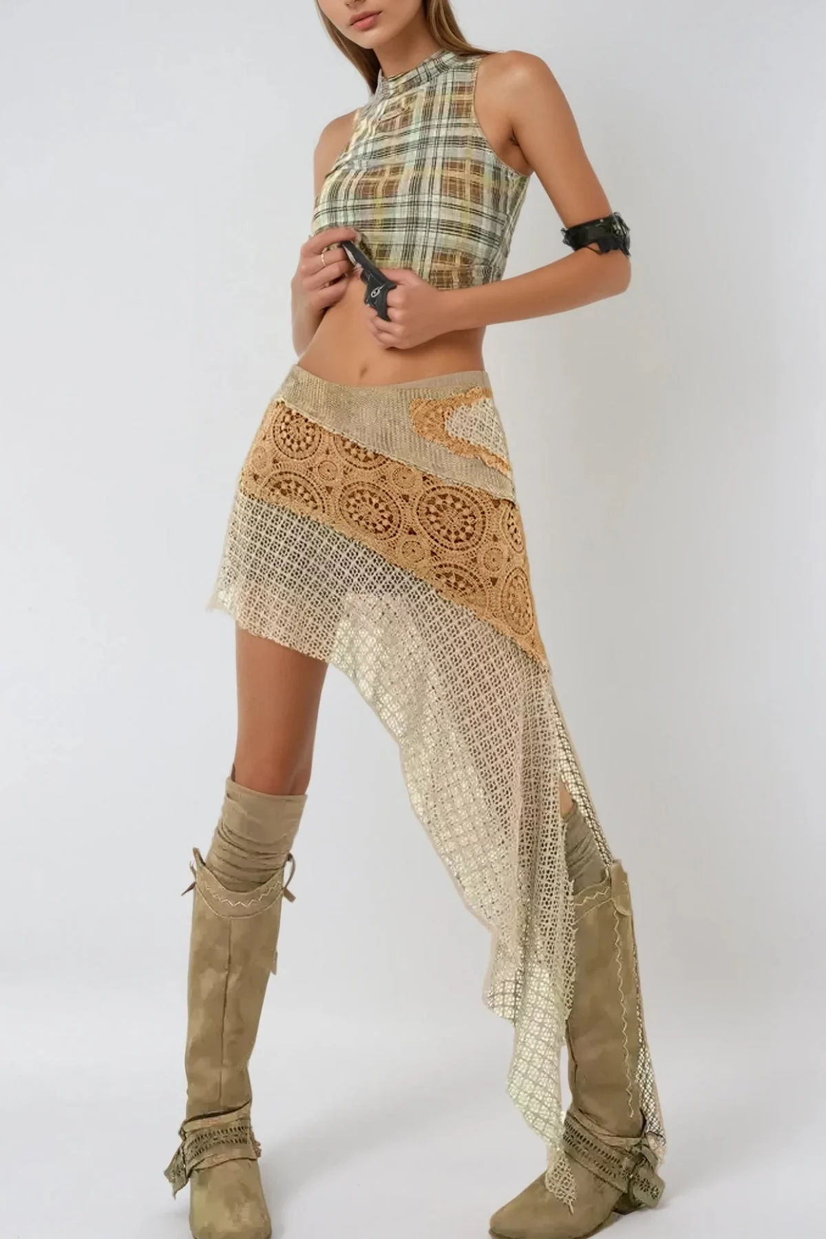 Asymmetric Floral Knit Mini Skirt, Feminine Style