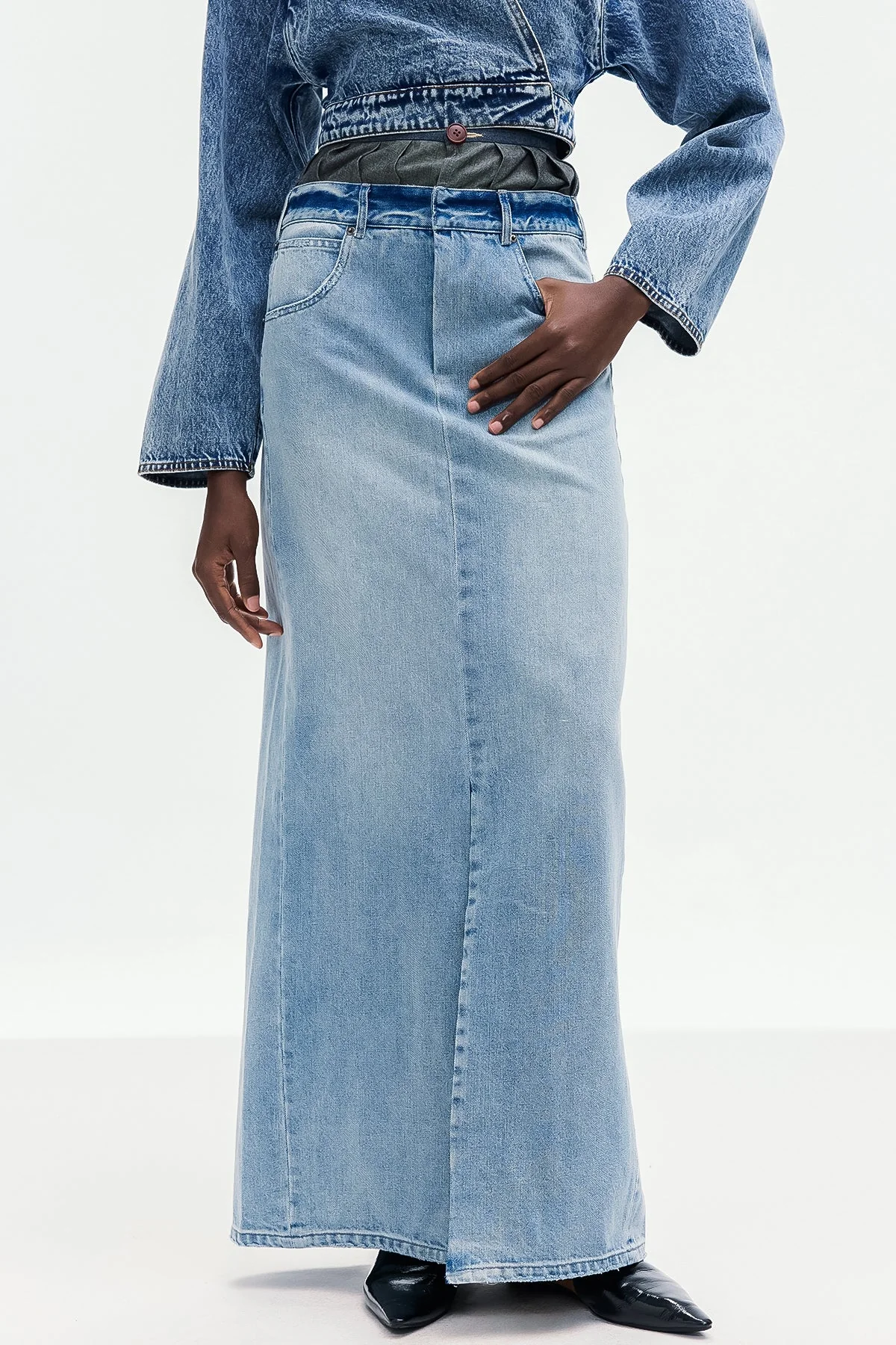 Deconstructed Denim Maxi Skirt - Urban Edge Style