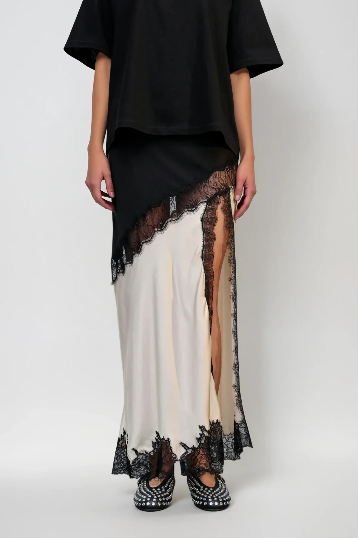 Chic Lace Satin Skirt - Elegant Black Feminine Design