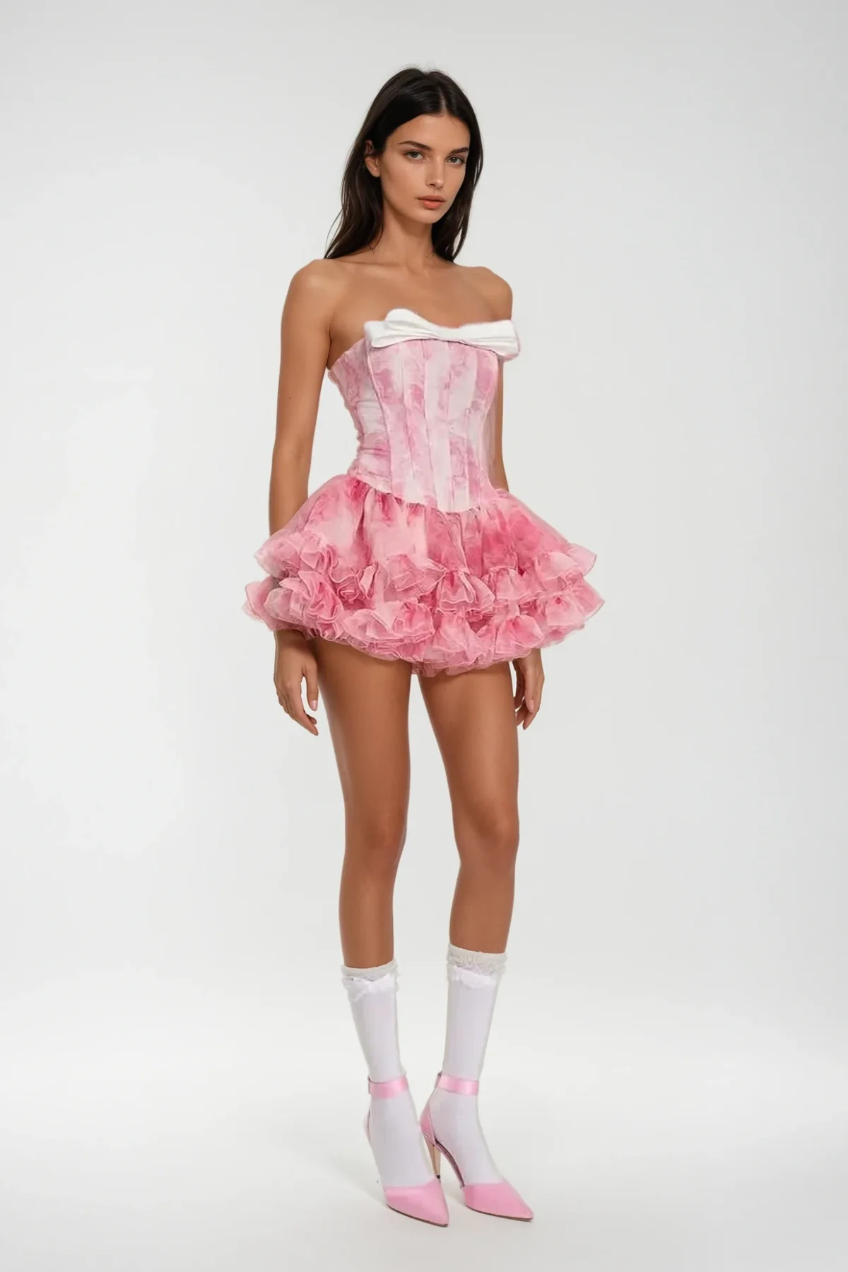 Pink Ruffle Corset Mini Dress with Elegant Design