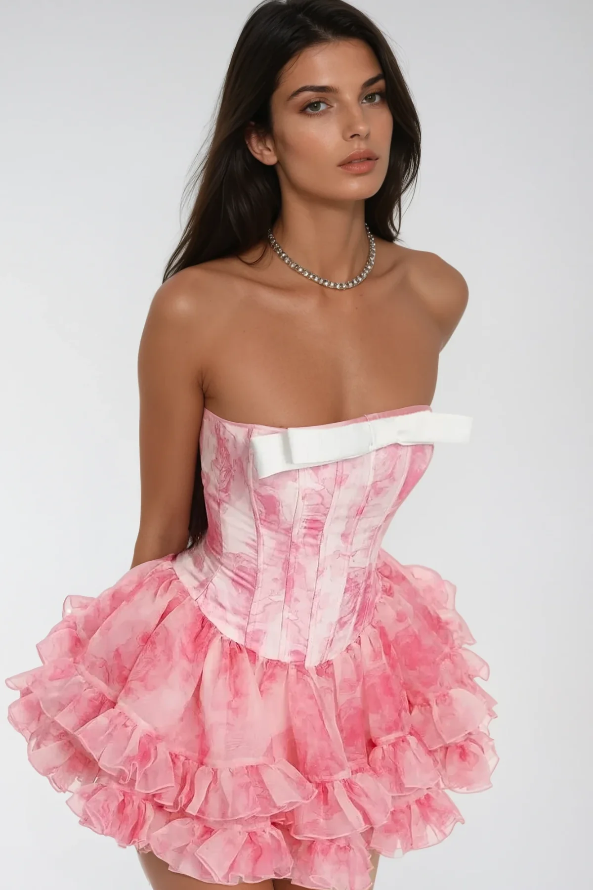 Pink Ruffle Corset Mini Dress with Elegant Design