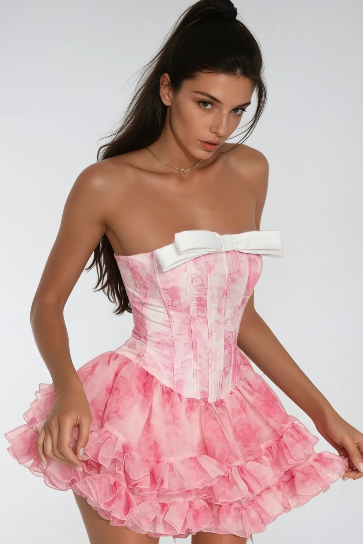 Pink Ruffle Corset Mini Dress with Elegant Design