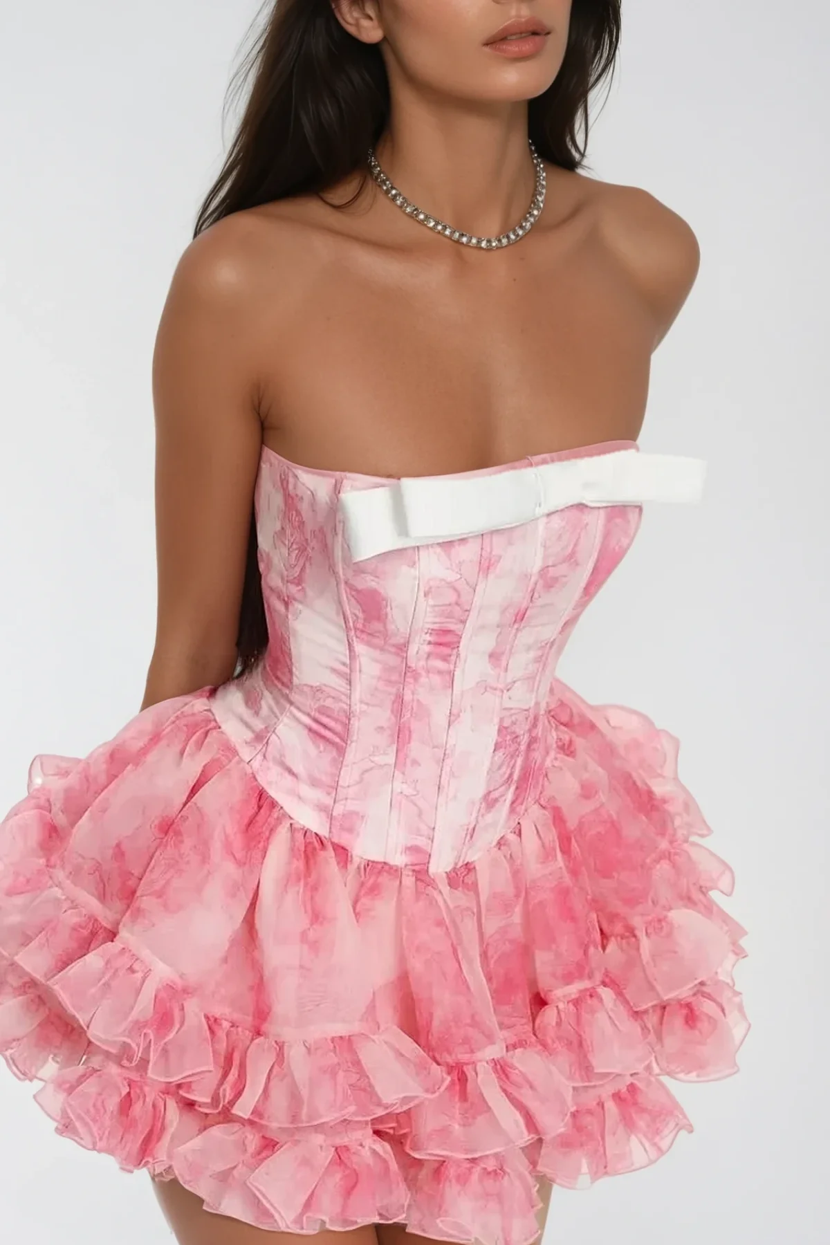 Pink Ruffle Corset Mini Dress with Elegant Design