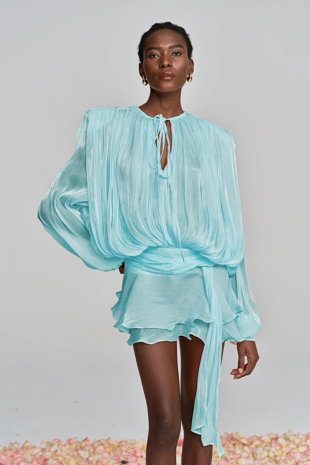 Baby Blue Balloon Sleeve Ruch Ruffle Mini Dress - Elegant Style
