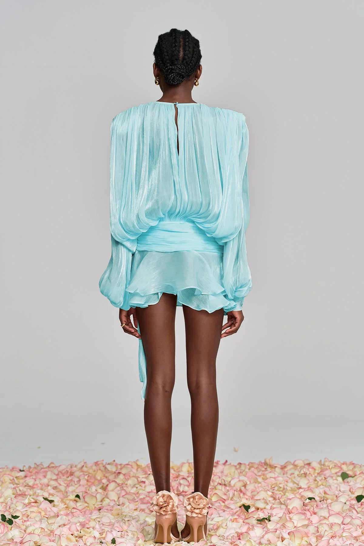 Baby Blue Balloon Sleeve Ruch Ruffle Mini Dress - Elegant Style