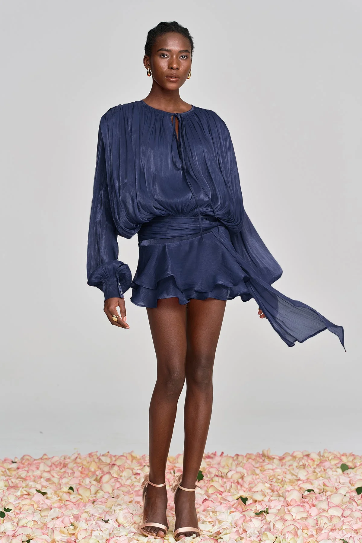 Deep Blue Balloon Sleeve Mini Dress with Ruched Details
