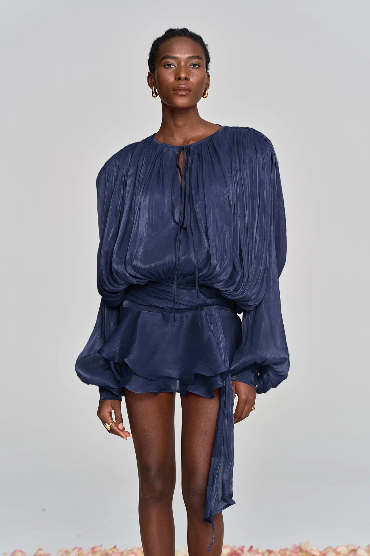 Deep Blue Balloon Sleeve Mini Dress with Ruched Details