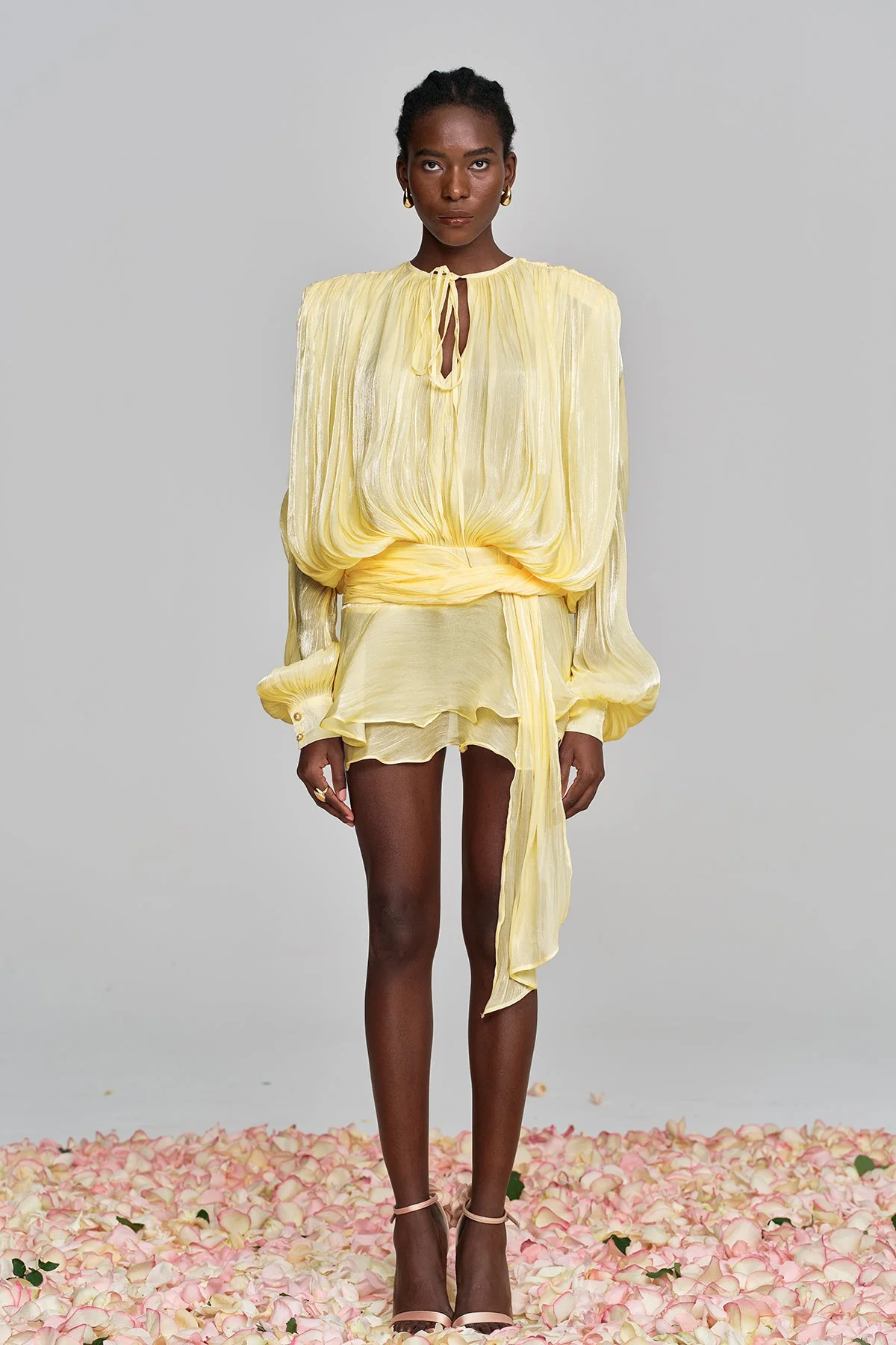 Yellow Ruched Balloon Sleeve Mini Dress with Ruffles