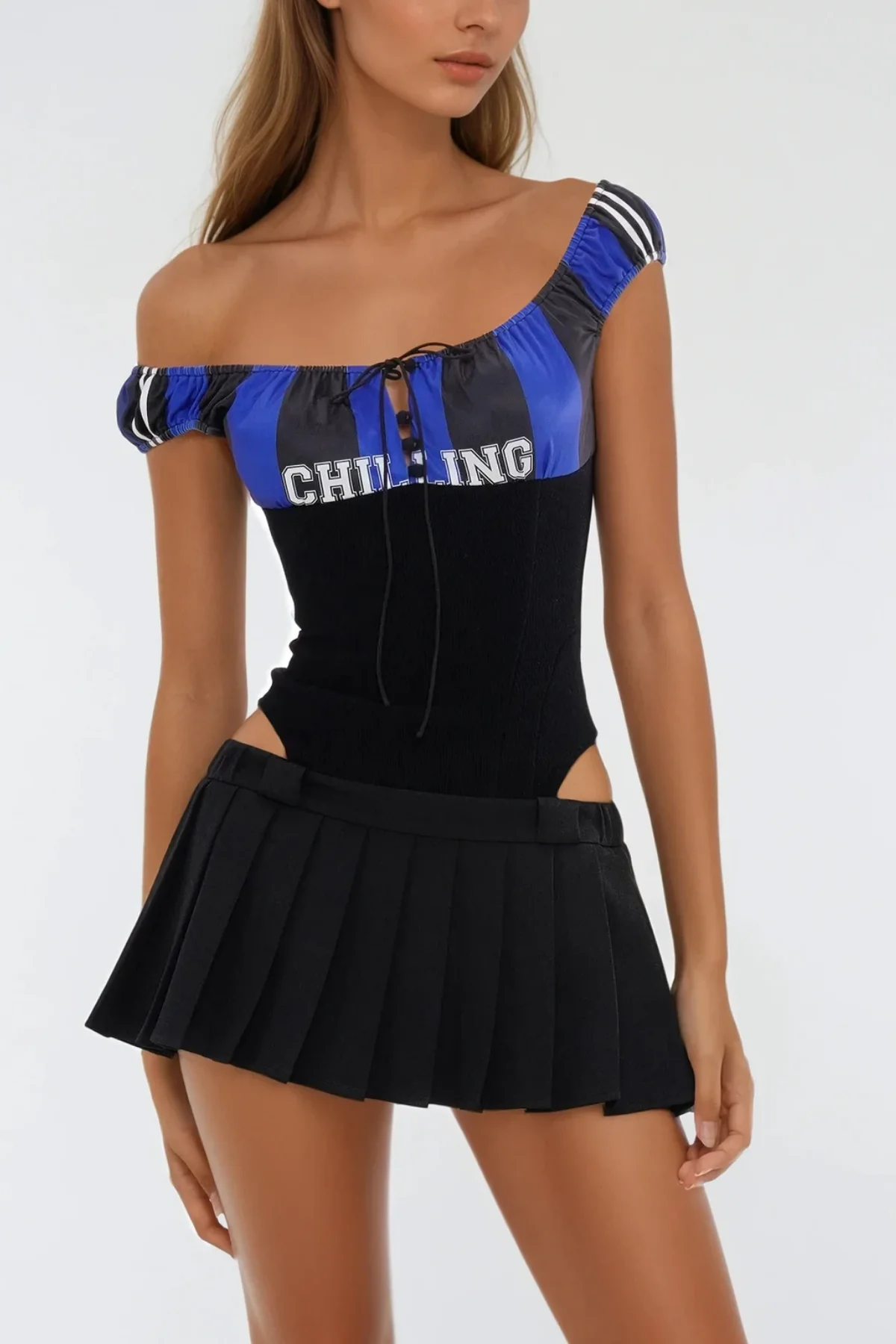 One Shoulder Ruffle Mini Dress in Black Cotton Blend